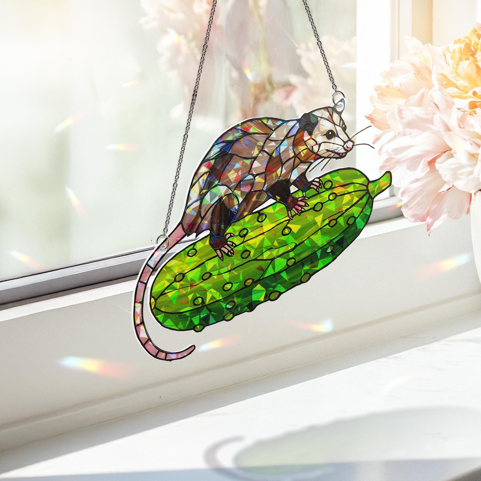 Funny Possum Riding Pickle Suncatcher, Holographic Acrylic Window Decor, Cute Animal Ornament, Weird Gift for Nature Lovers, Kitchen Decor