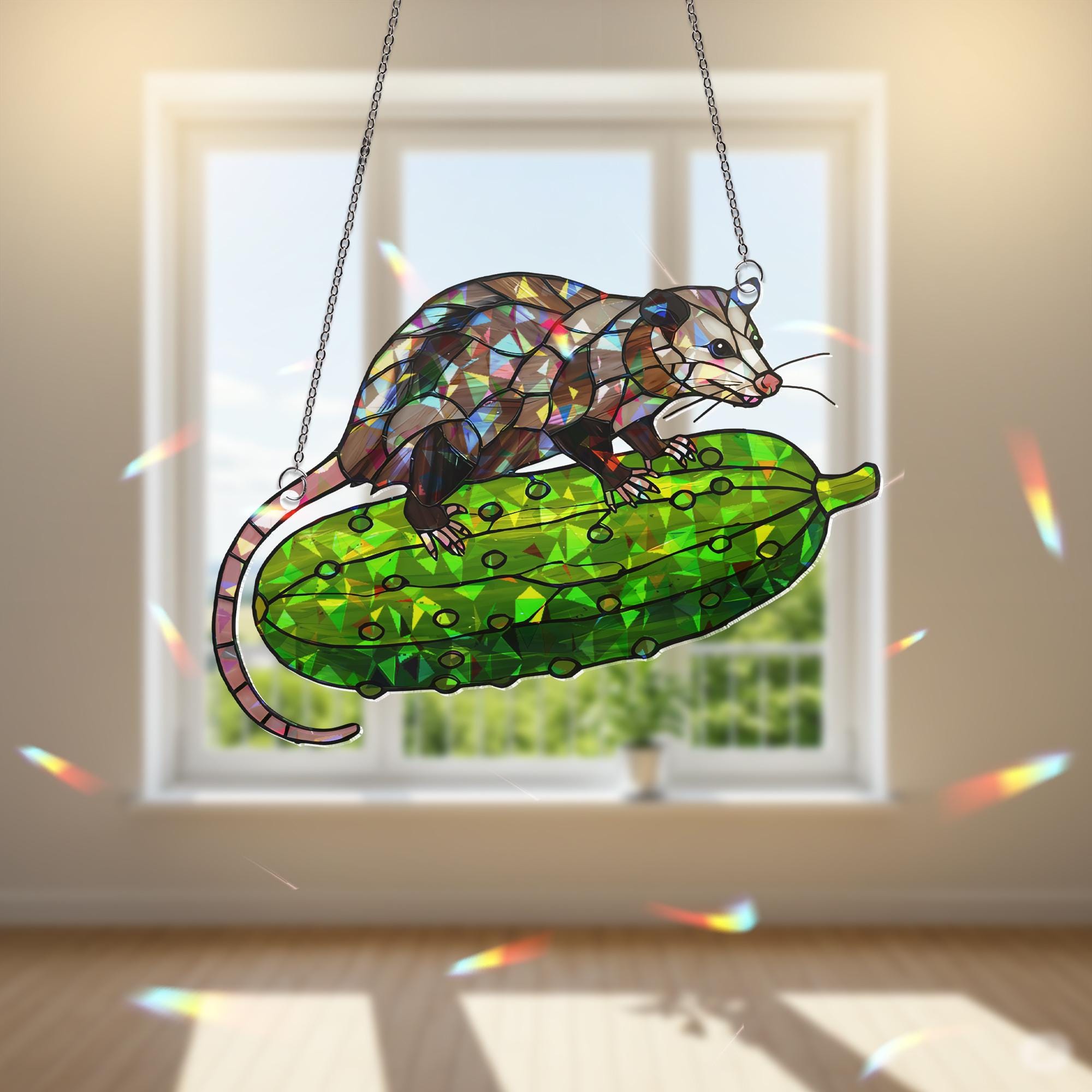Funny Possum Riding Pickle Suncatcher, Holographic Acrylic Window Decor, Cute Animal Ornament, Weird Gift for Nature Lovers, Kitchen Decor