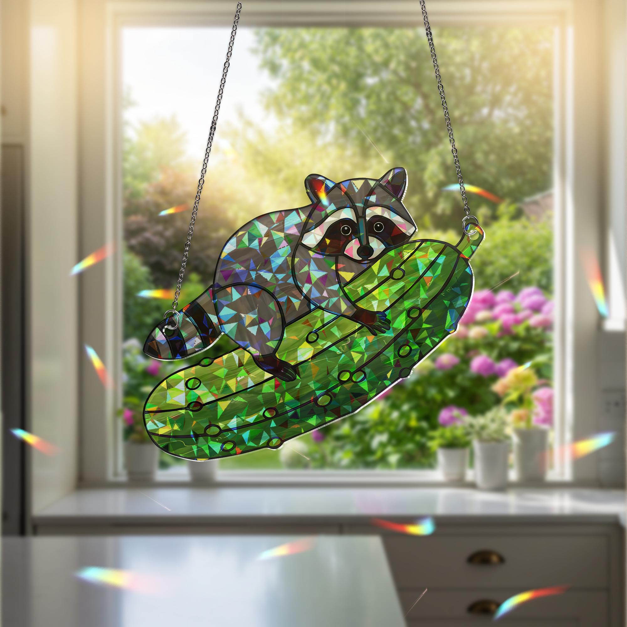 Funny Raccoon Pickle Suncatcher, Holographic Acrylic Window Decor, Cute Animal Ornament, Quirky Gift for Nature Lovers, Kitchen Decor