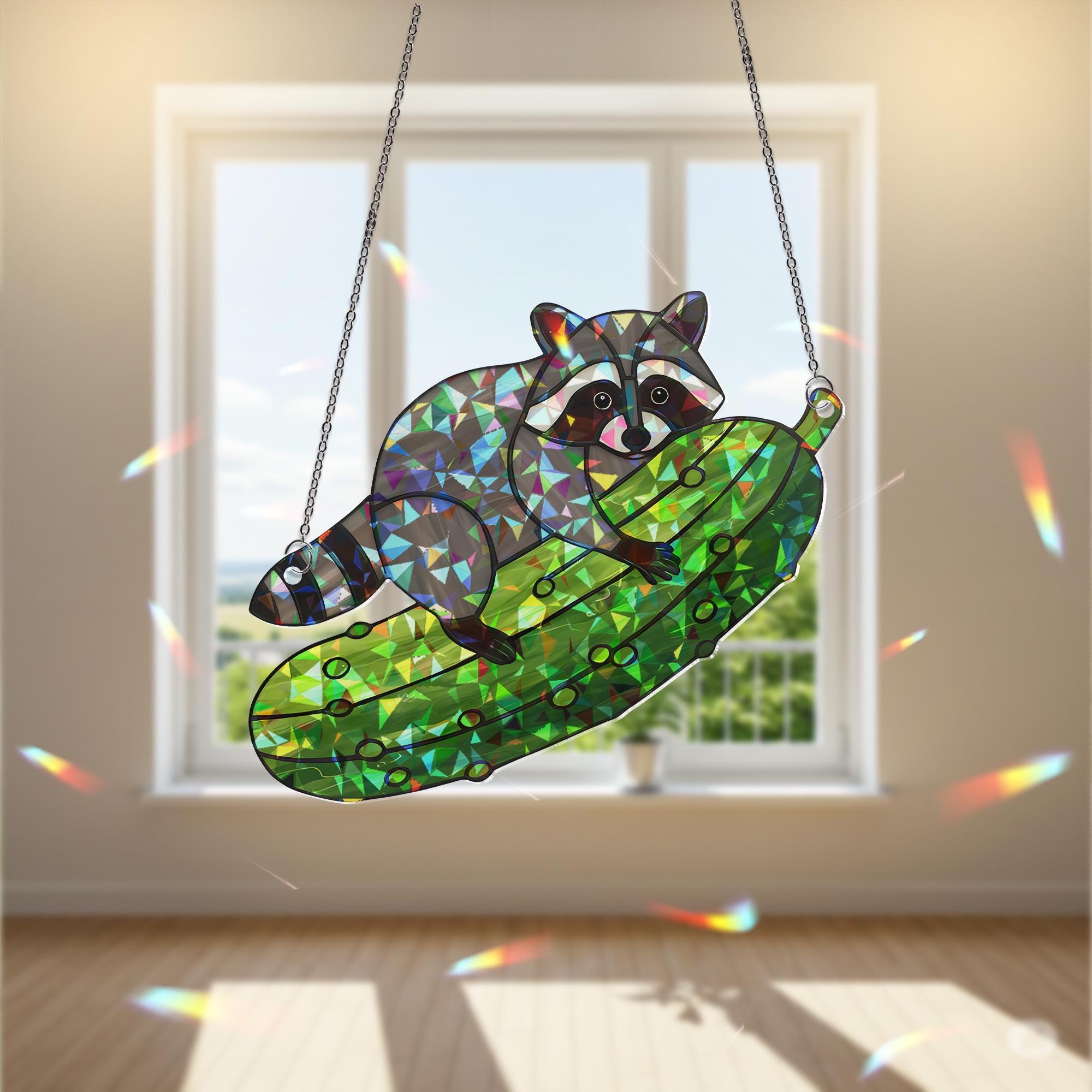 Funny Raccoon Pickle Suncatcher, Holographic Acrylic Window Decor, Cute Animal Ornament, Quirky Gift for Nature Lovers, Kitchen Decor