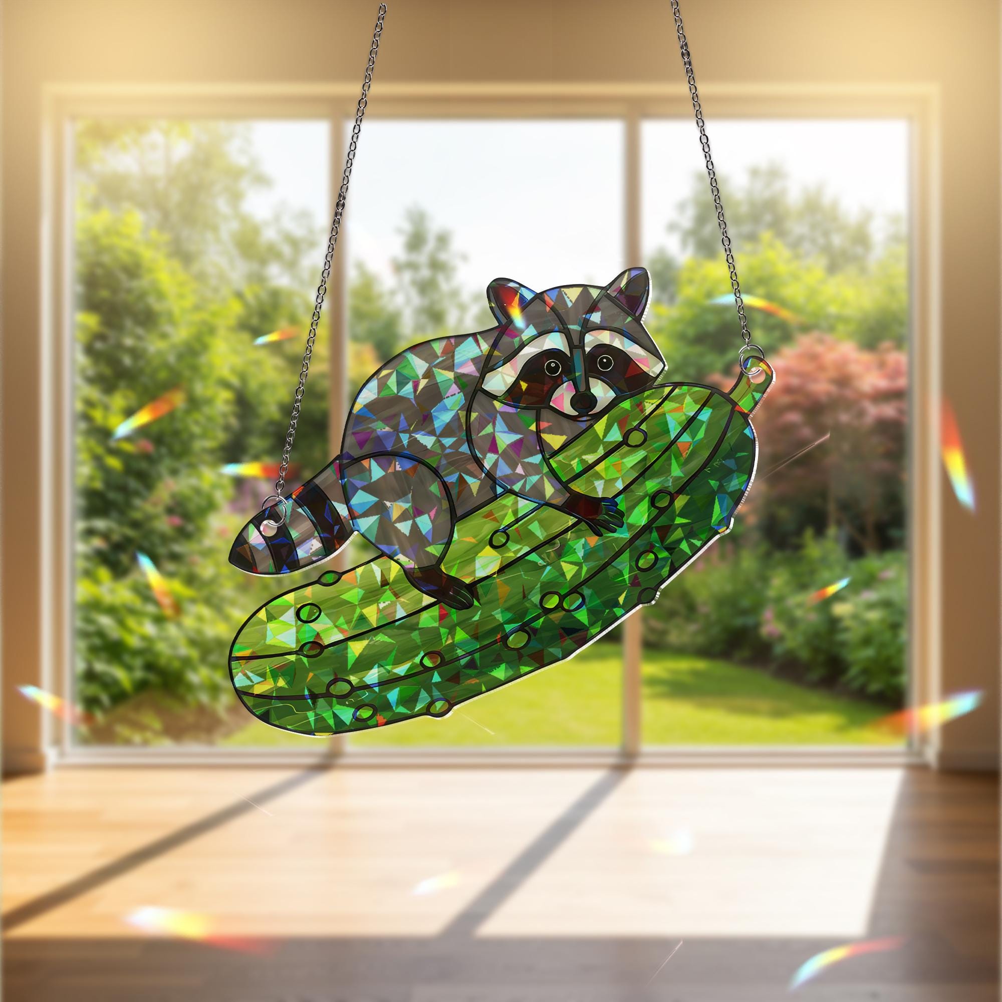 Funny Raccoon Pickle Suncatcher, Holographic Acrylic Window Decor, Cute Animal Ornament, Quirky Gift for Nature Lovers, Kitchen Decor