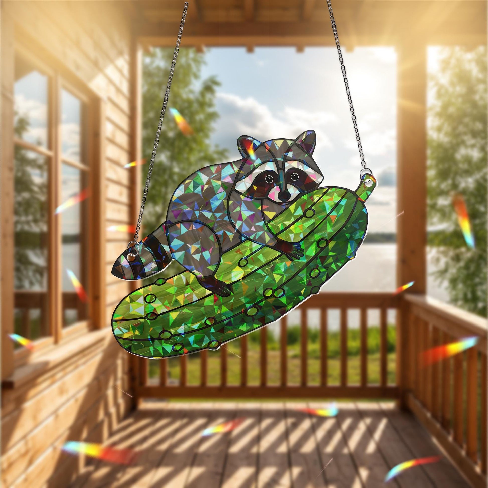 Funny Raccoon Pickle Suncatcher, Holographic Acrylic Window Decor, Cute Animal Ornament, Quirky Gift for Nature Lovers, Kitchen Decor