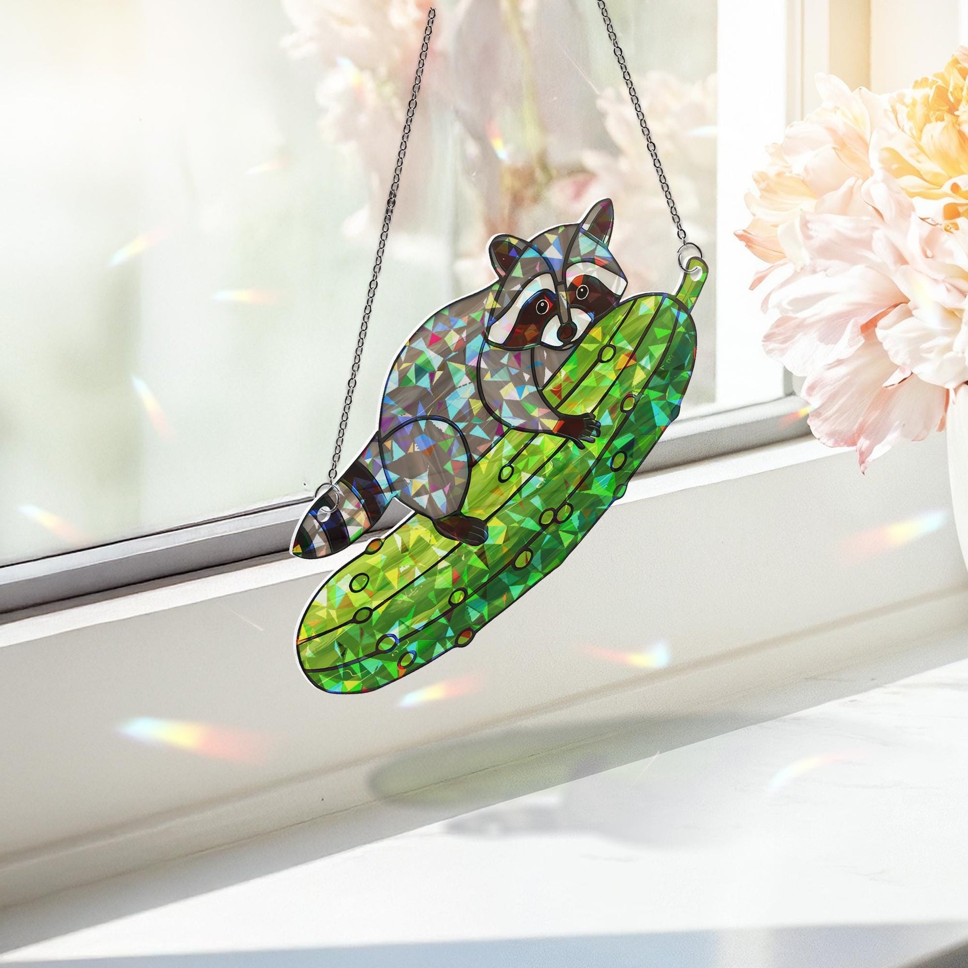 Funny Raccoon Pickle Suncatcher, Holographic Acrylic Window Decor, Cute Animal Ornament, Quirky Gift for Nature Lovers, Kitchen Decor