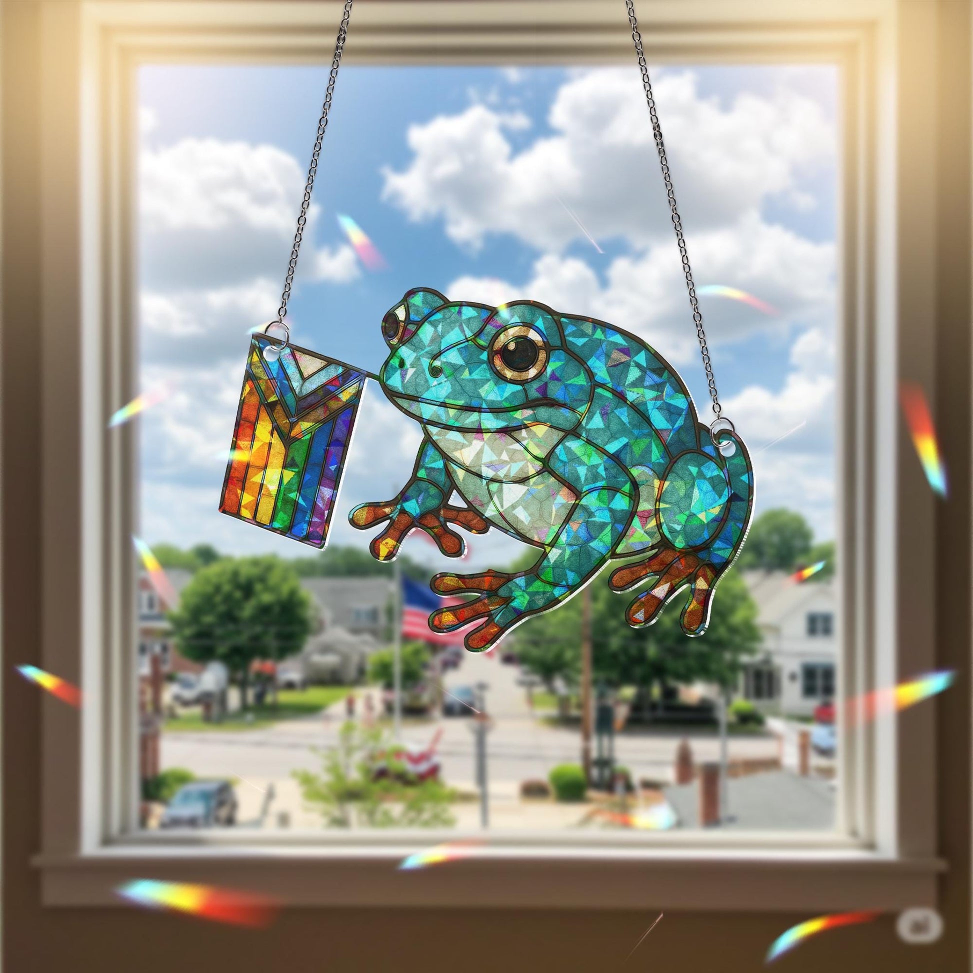 Green Frog Pride Decor, Holographic Acrylic Frog Suncatcher, LGBTQ Window Art, Cute Rainbow Frog Ornament Gift, LGBT Bestie Gift