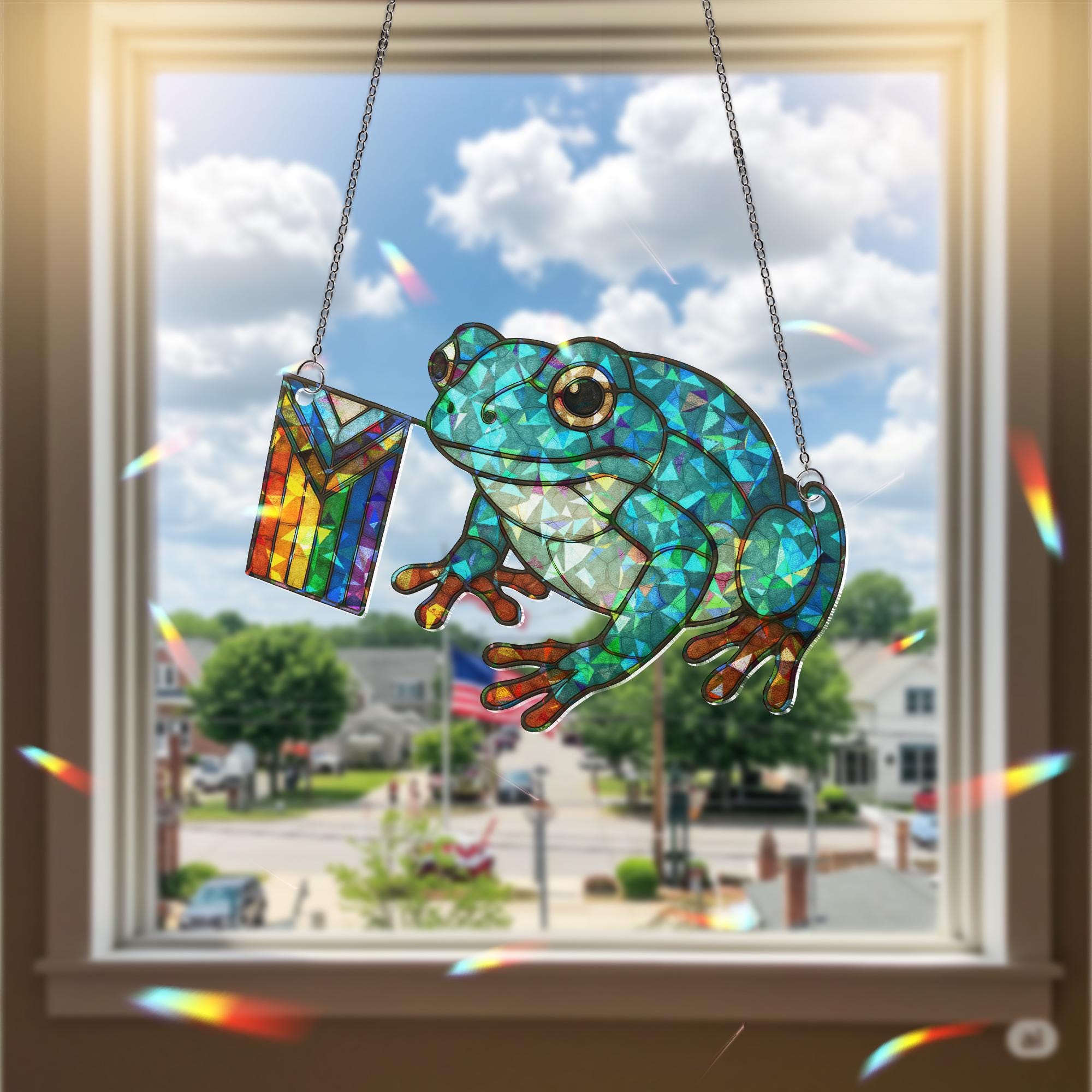 Green Frog Pride Decor, Holographic Acrylic Frog Suncatcher, LGBTQ Window Art, Cute Rainbow Frog Ornament Gift, LGBT Bestie Gift