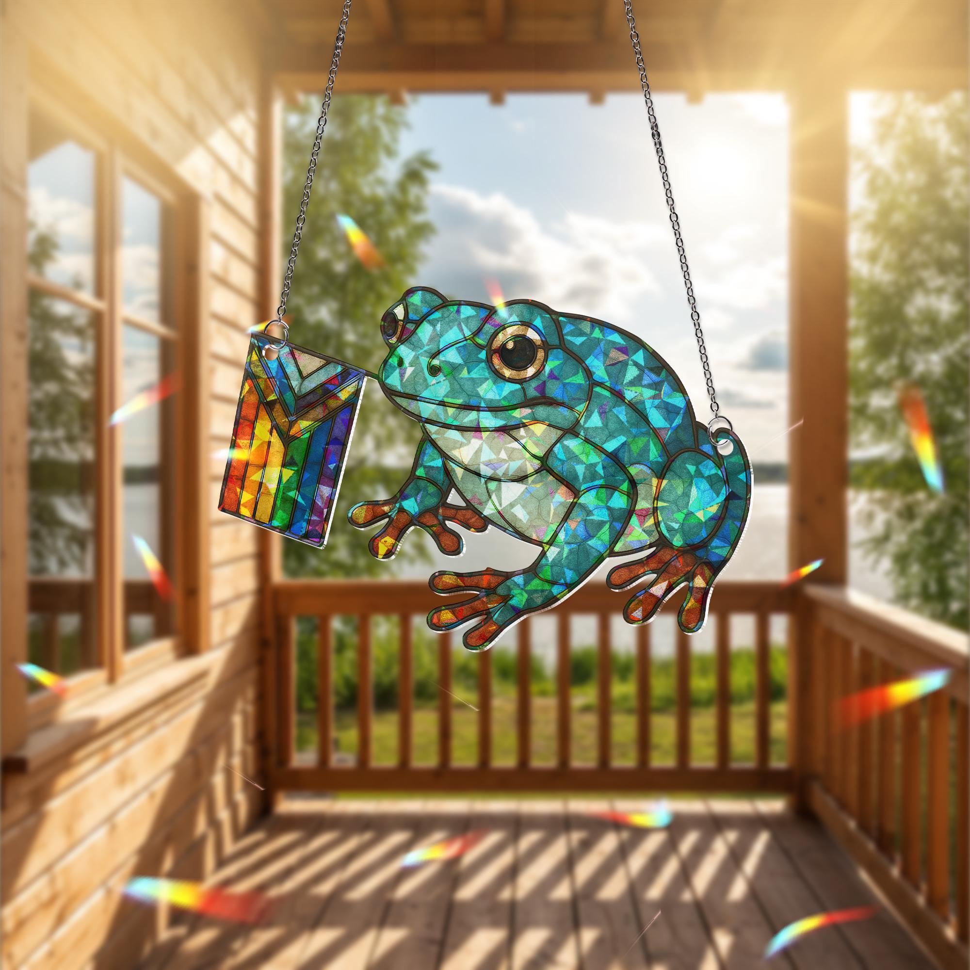 Green Frog Pride Decor, Holographic Acrylic Frog Suncatcher, LGBTQ Window Art, Cute Rainbow Frog Ornament Gift, LGBT Bestie Gift