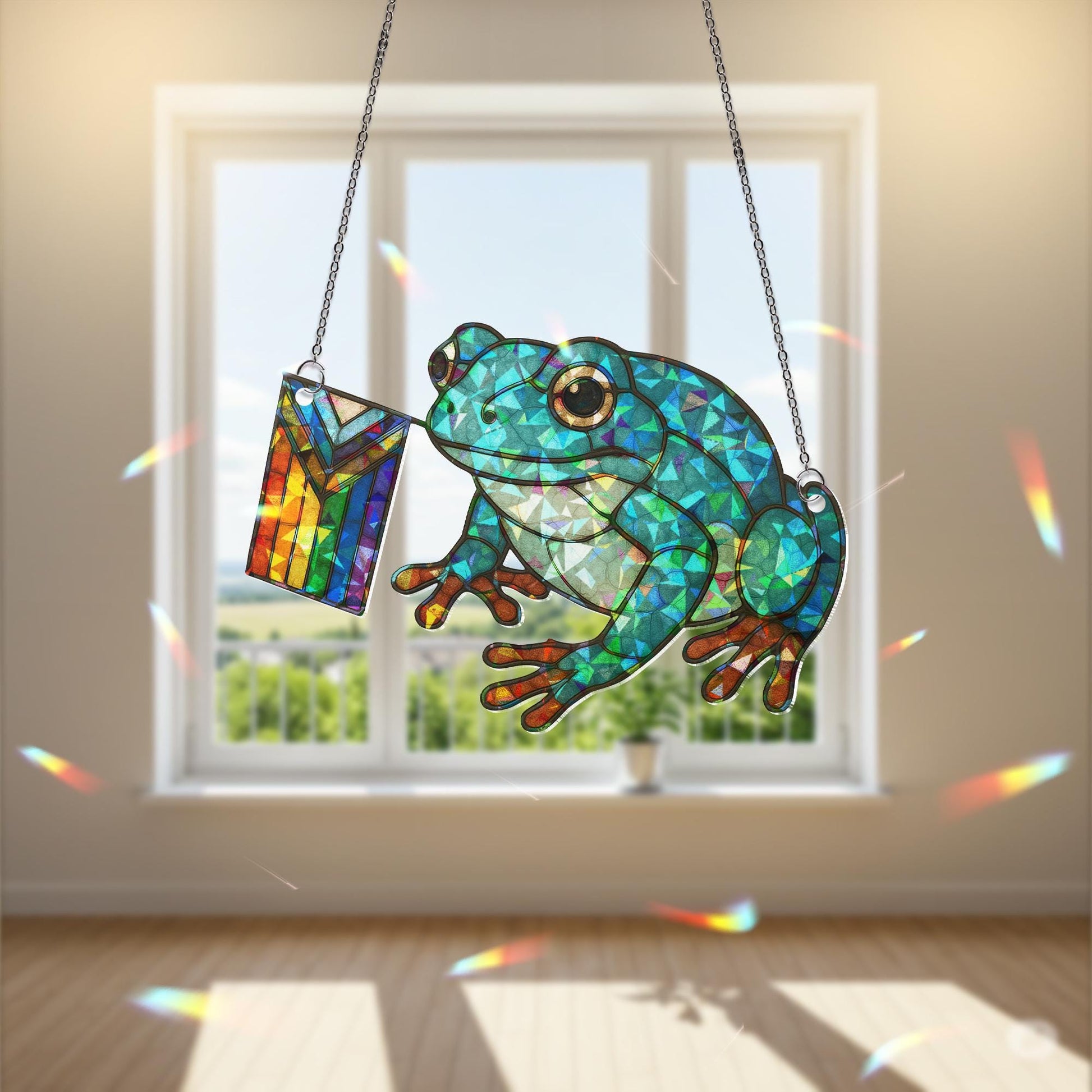 Green Frog Pride Decor, Holographic Acrylic Frog Suncatcher, LGBTQ Window Art, Cute Rainbow Frog Ornament Gift, LGBT Bestie Gift
