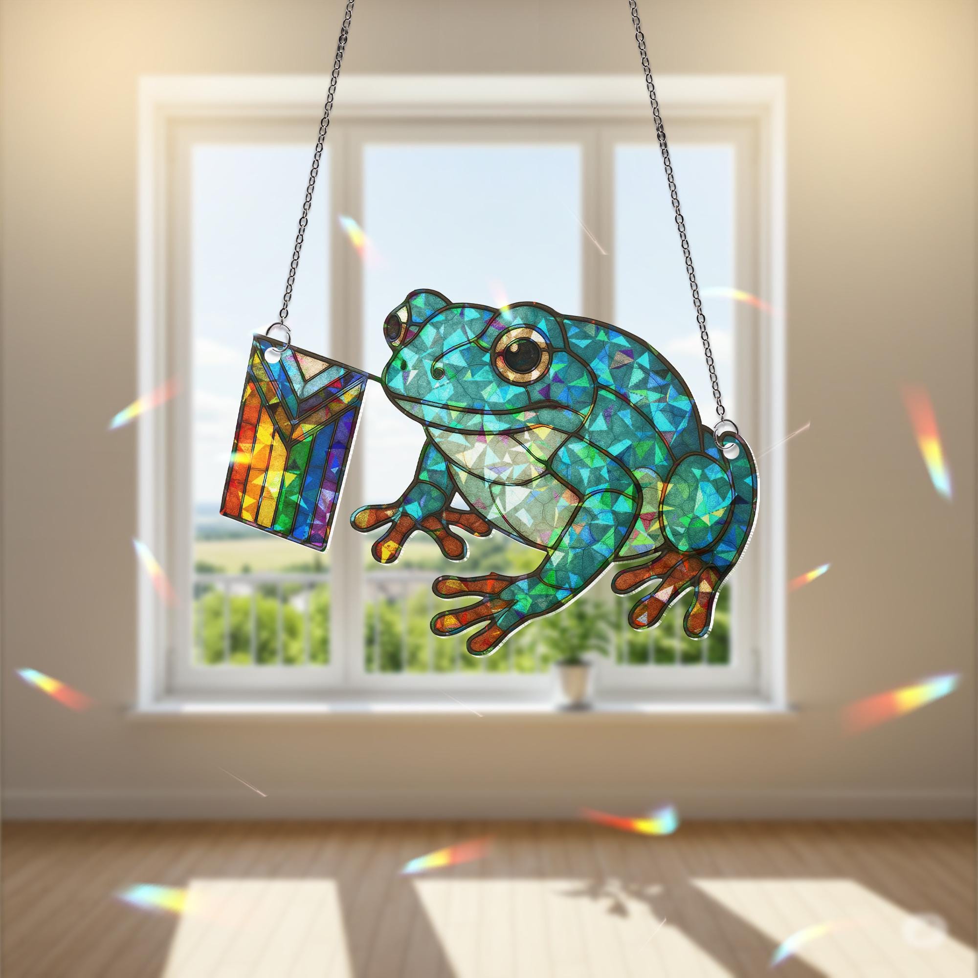 Green Frog Pride Decor, Holographic Acrylic Frog Suncatcher, LGBTQ Window Art, Cute Rainbow Frog Ornament Gift, LGBT Bestie Gift