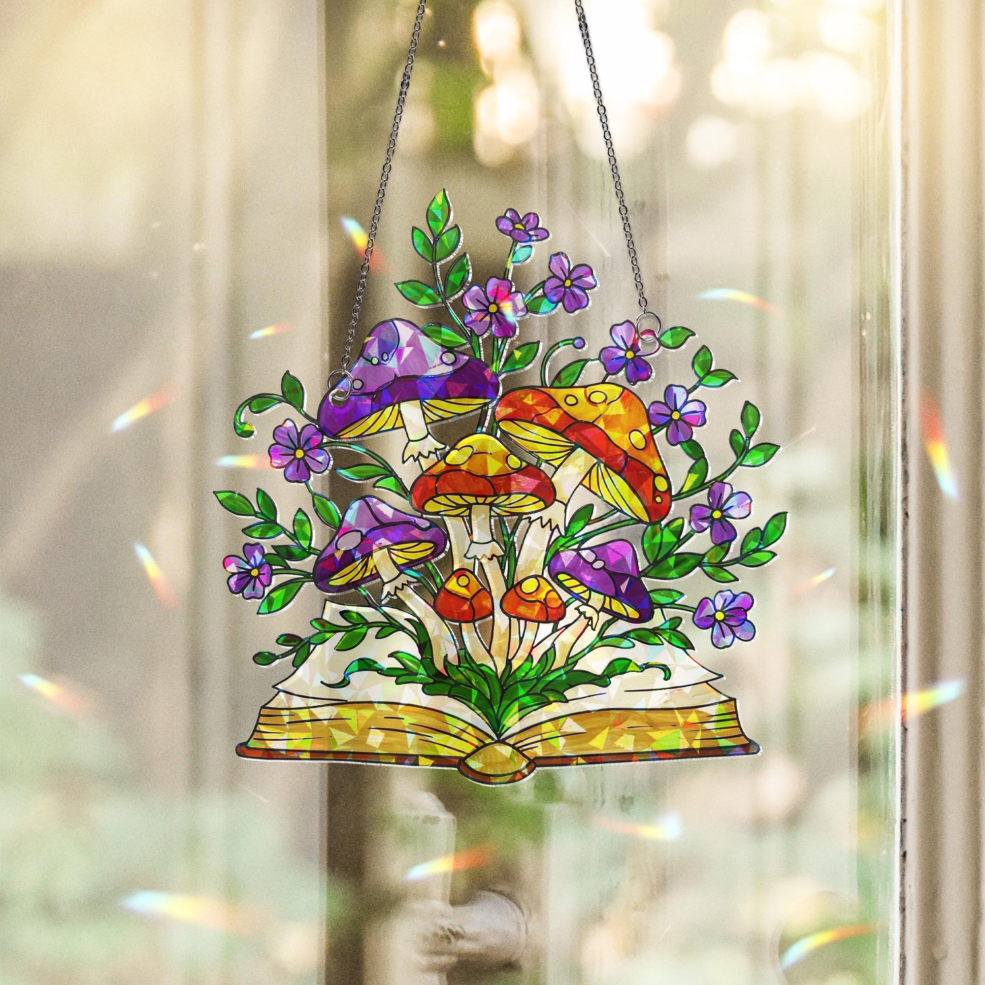 Fantasy Book Acrylic Hologram Window Hanging – Mushrooms and Flowers Home Decor, Gift for Readers and Nature Lovers, Reader Gift, Boookworm