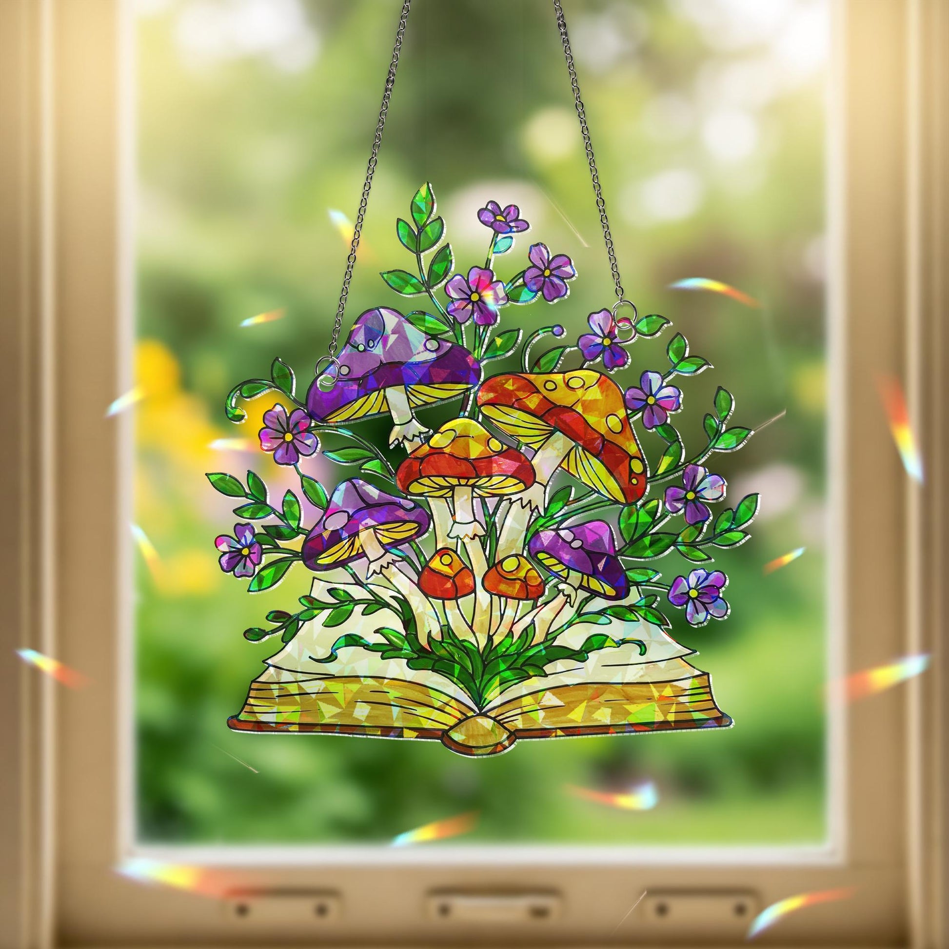 Fantasy Book Acrylic Hologram Window Hanging – Mushrooms and Flowers Home Decor, Gift for Readers and Nature Lovers, Reader Gift, Boookworm