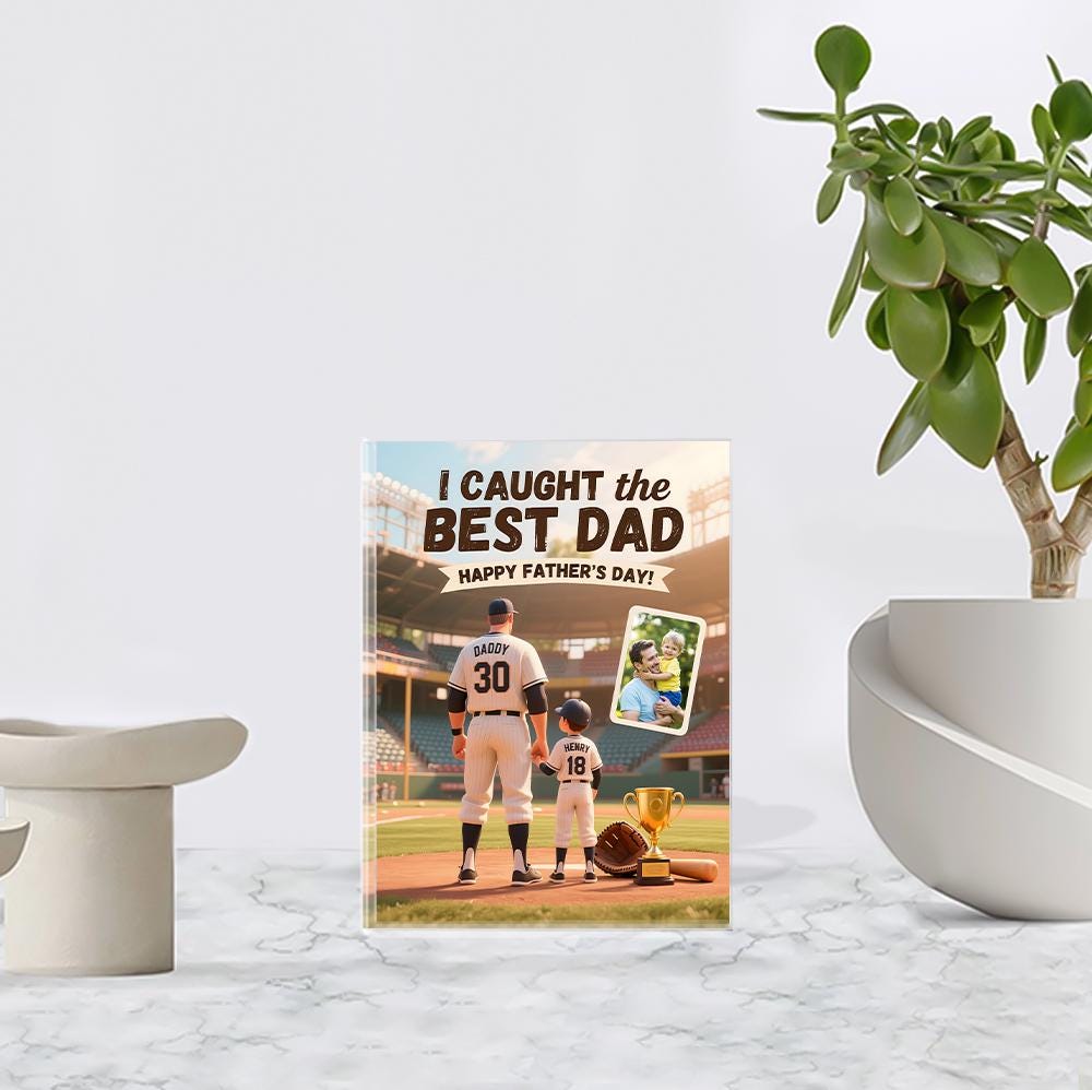 Personalized Baseball Father's Day Acrylic Block - "I Caught the Best Dad!" Photo Plaque, Custom Daddy & Me Gift, Unique Sports Keepsake