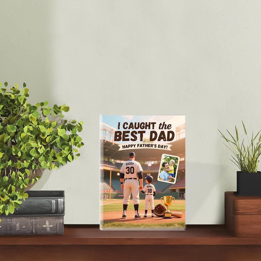 Personalized Baseball Father's Day Acrylic Block - "I Caught the Best Dad!" Photo Plaque, Custom Daddy & Me Gift, Unique Sports Keepsake