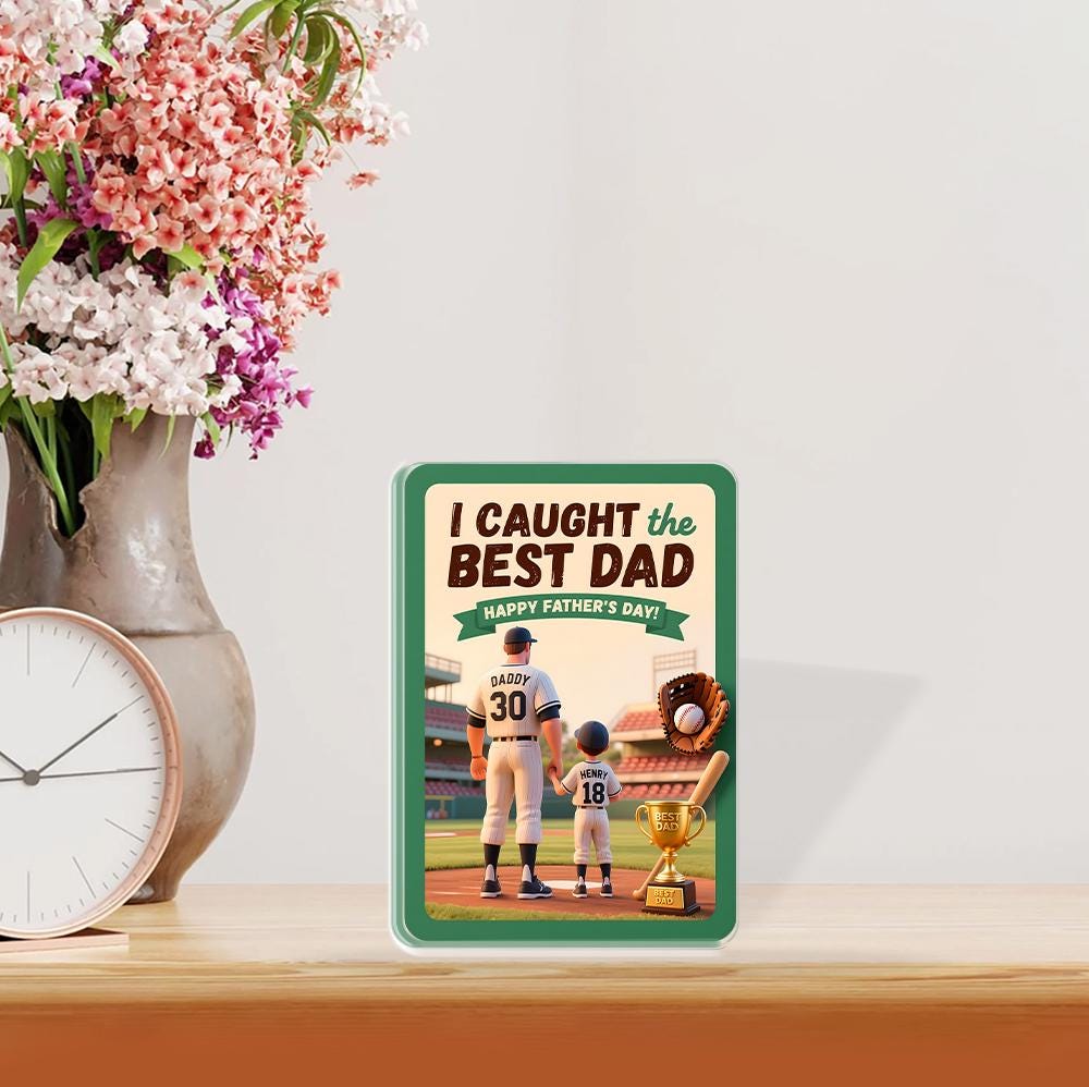 Personalized Baseball Father's Day Acrylic Block - "I Caught the Best Dad!" Plaque, Custom Name Daddy & Child Gift, Unique Sports