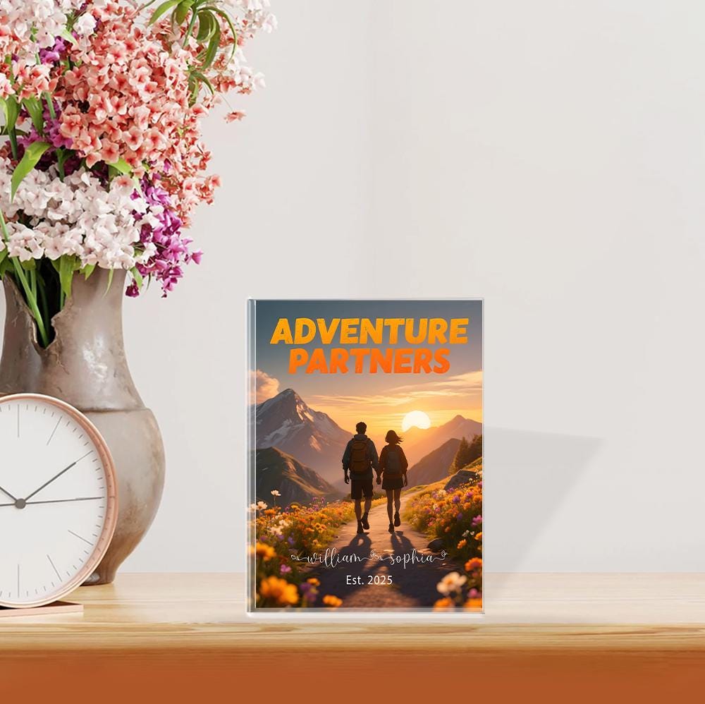 Personalized Adventure Partners Acrylic Block Plaque, Hiking Couple Gift, Custom Anniversary Present for Him Her, Established Date Keepsake