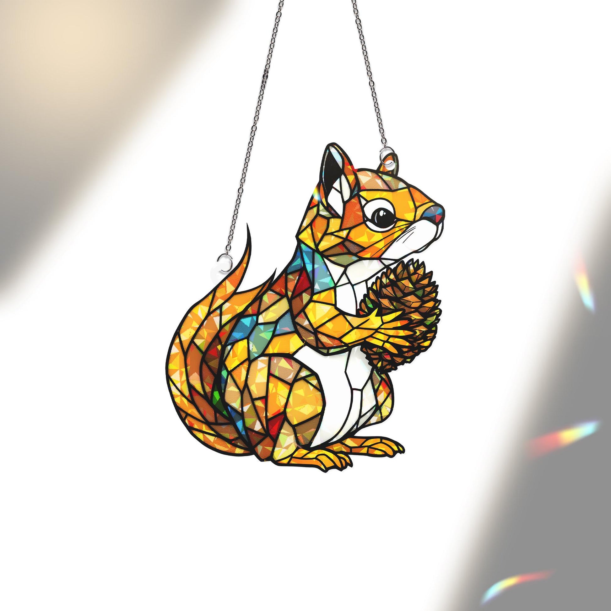 Acrylic Squirrel Window Hanging Ornament, Holographic Rainbow Maker, Woodland Animal Decor, Pine Cone Accent Gift, Nature Lover Gift