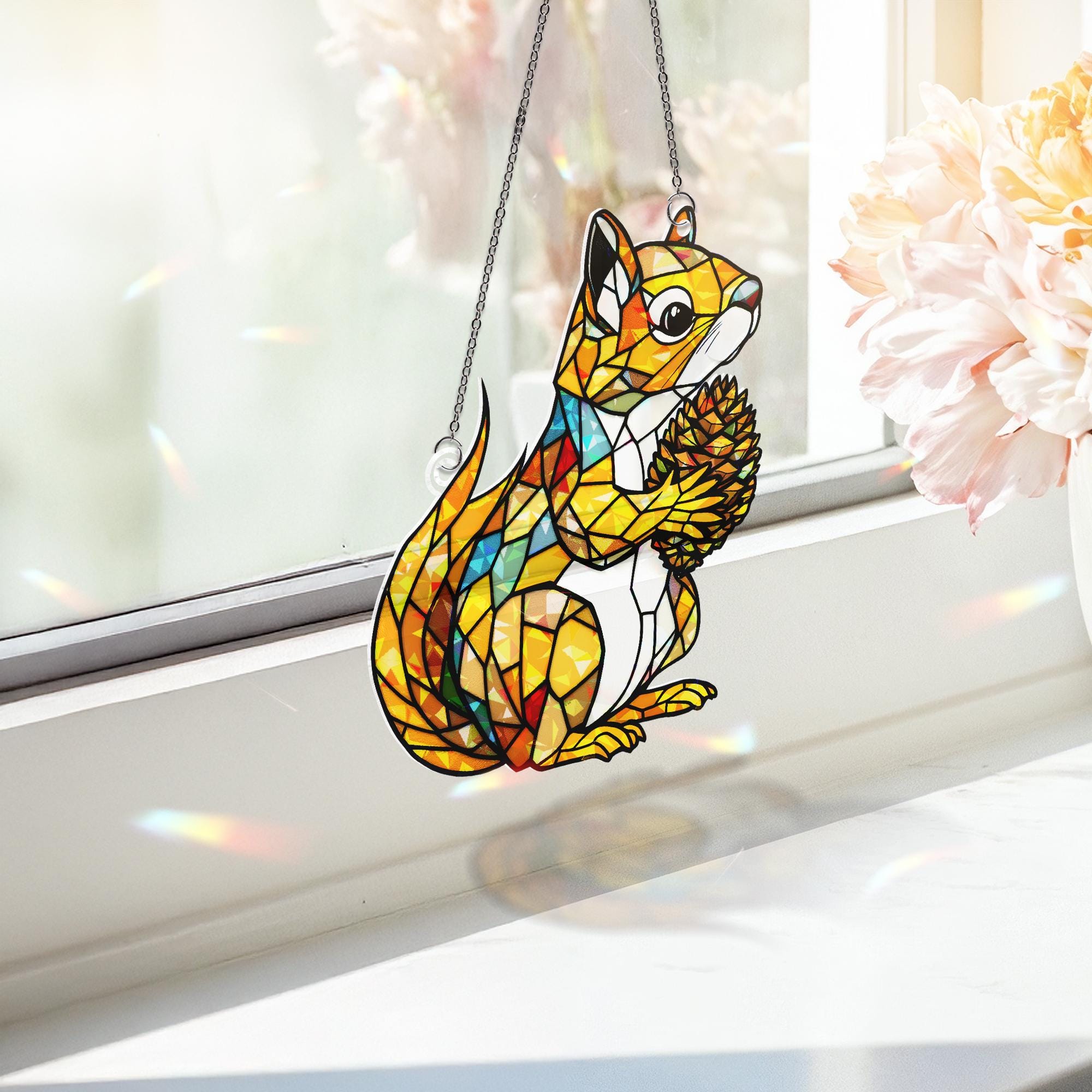 Acrylic Squirrel Window Hanging Ornament, Holographic Rainbow Maker, Woodland Animal Decor, Pine Cone Accent Gift, Nature Lover Gift