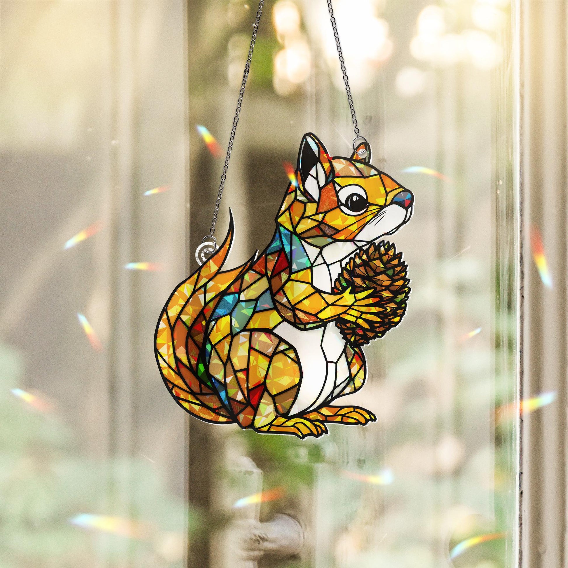 Acrylic Squirrel Window Hanging Ornament, Holographic Rainbow Maker, Woodland Animal Decor, Pine Cone Accent Gift, Nature Lover Gift