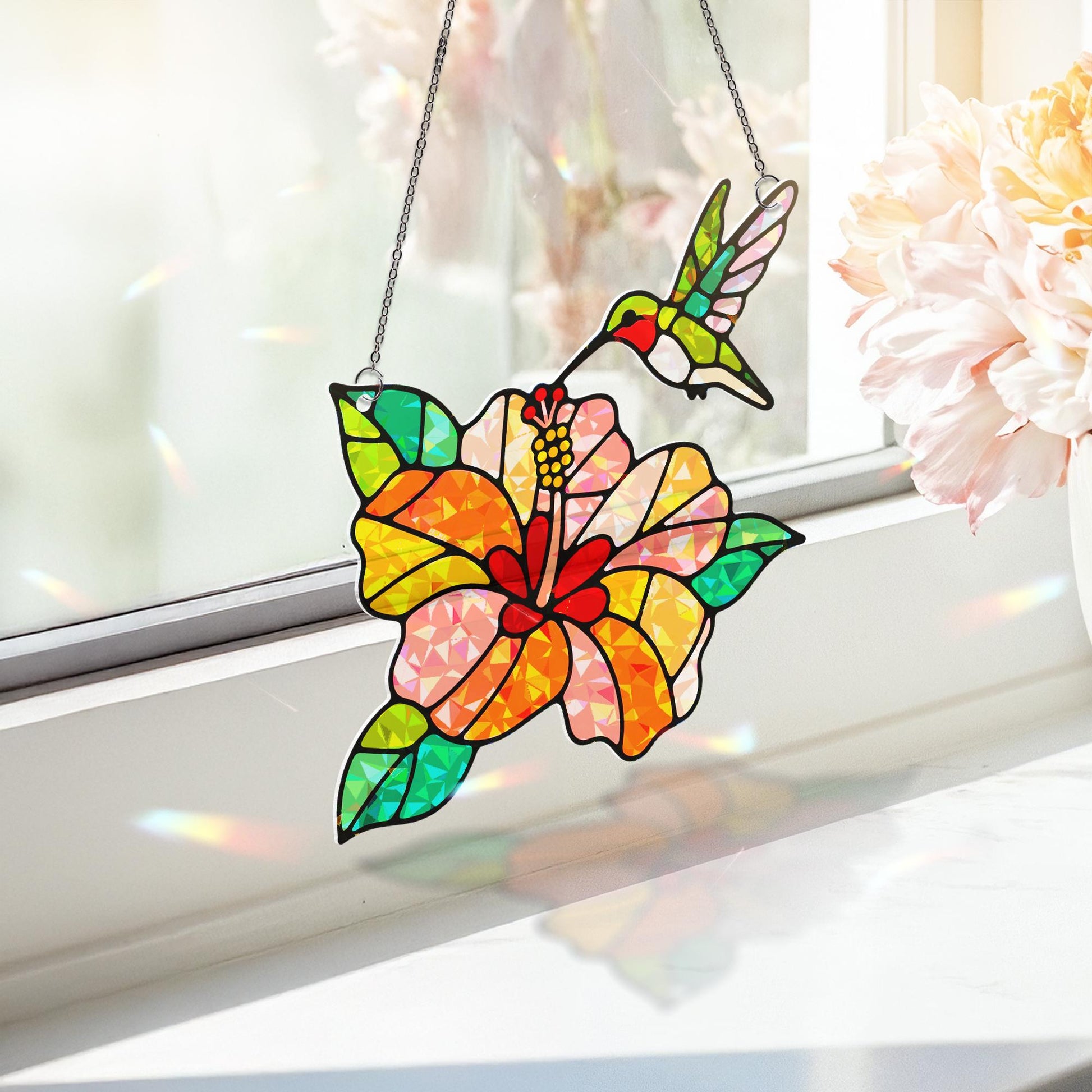 Hummingbird Acrylic Window Hanging Ornament, Hibiscus Flower Decor, Colorful Bird & Floral Home Decor Gift, Gift For Her