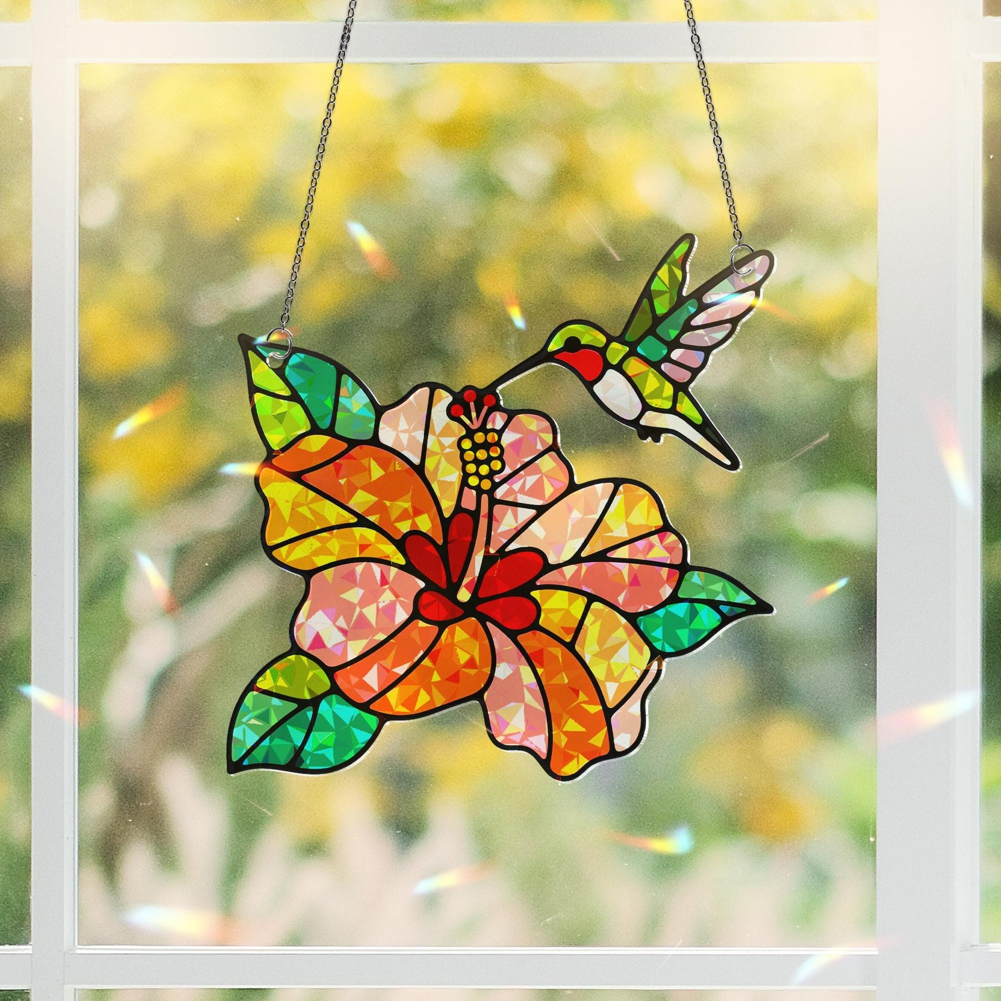 Hummingbird Acrylic Window Hanging Ornament, Hibiscus Flower Decor, Colorful Bird & Floral Home Decor Gift, Gift For Her