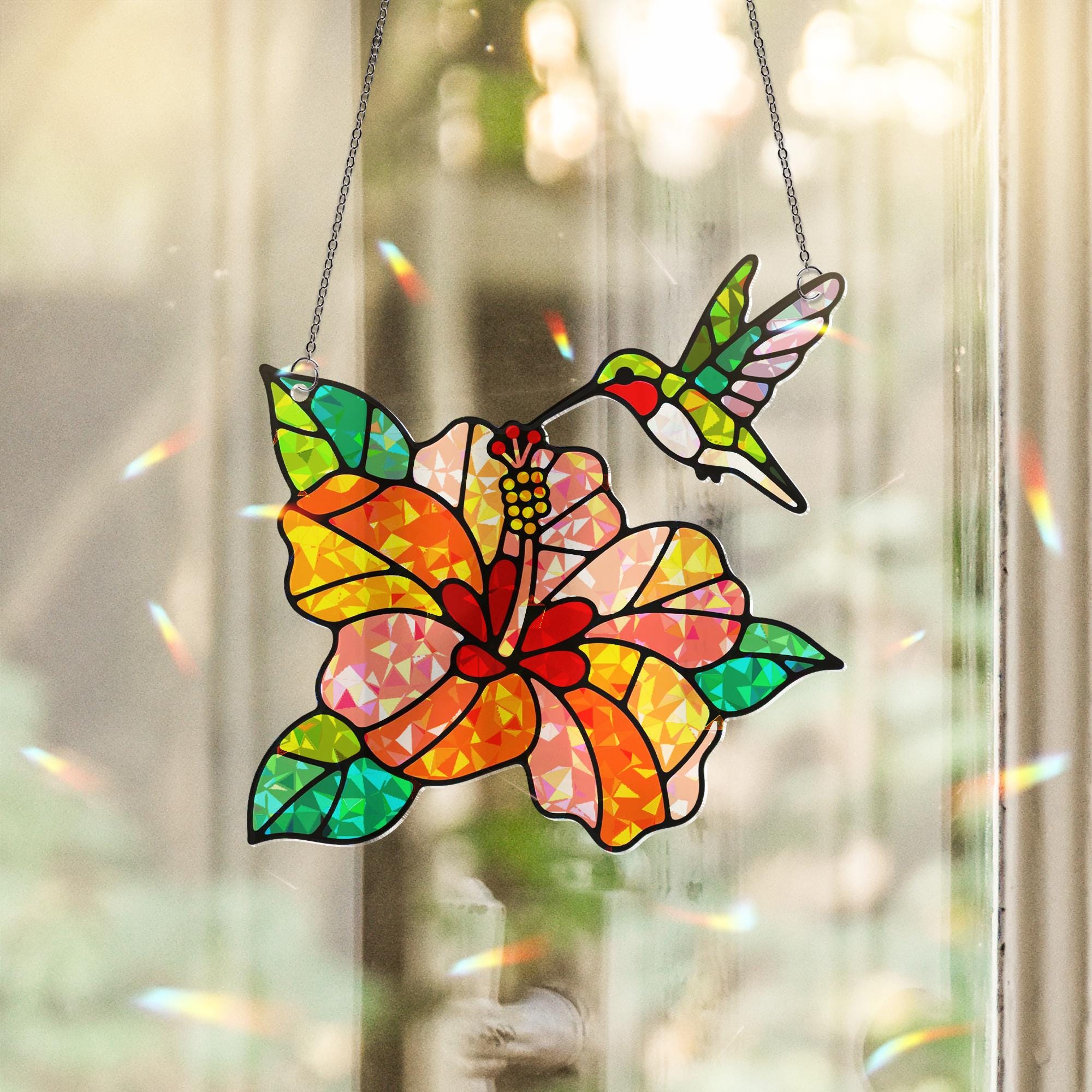 Hummingbird Acrylic Window Hanging Ornament, Hibiscus Flower Decor, Colorful Bird & Floral Home Decor Gift, Gift For Her