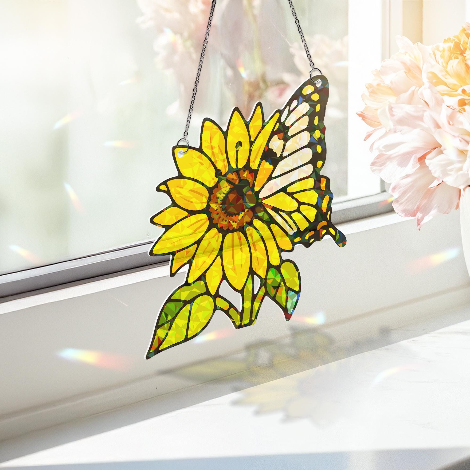 Sunflower & Monarch Butterfly Acrylic Window Hanging Ornament, Vibrant Floral Insect Decor Gift Idea, Sunflower Lover, Garden Gift