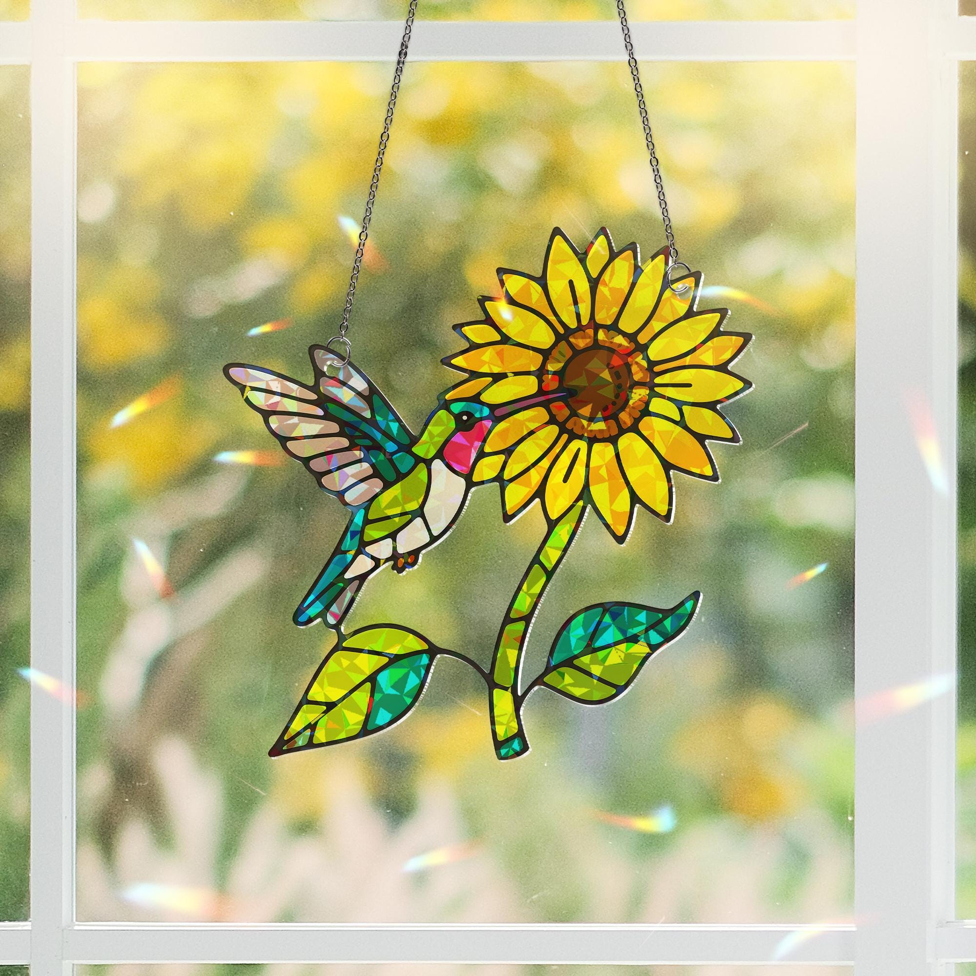 Hummingbird Sunflower Hologram Acrylic Window Hanging Ornament, Bird & Floral Art, Nature Lover Home Decor Gift, Sunflower Lover Gift
