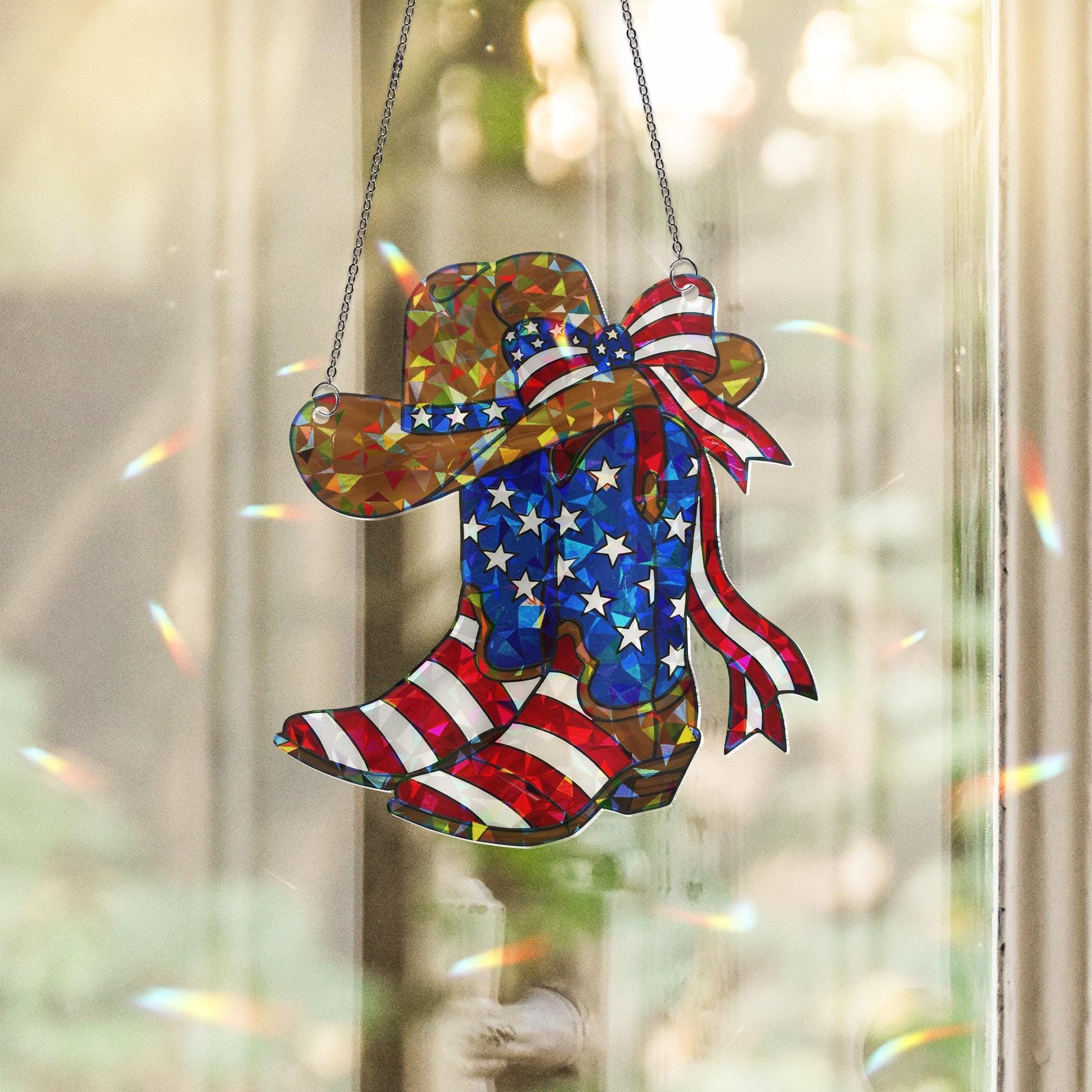 Patriotic Cowboy Boots and Hat Acrylic Window Hanging – 4th of July Western Decor, American Flag Suncatcher for Country Home