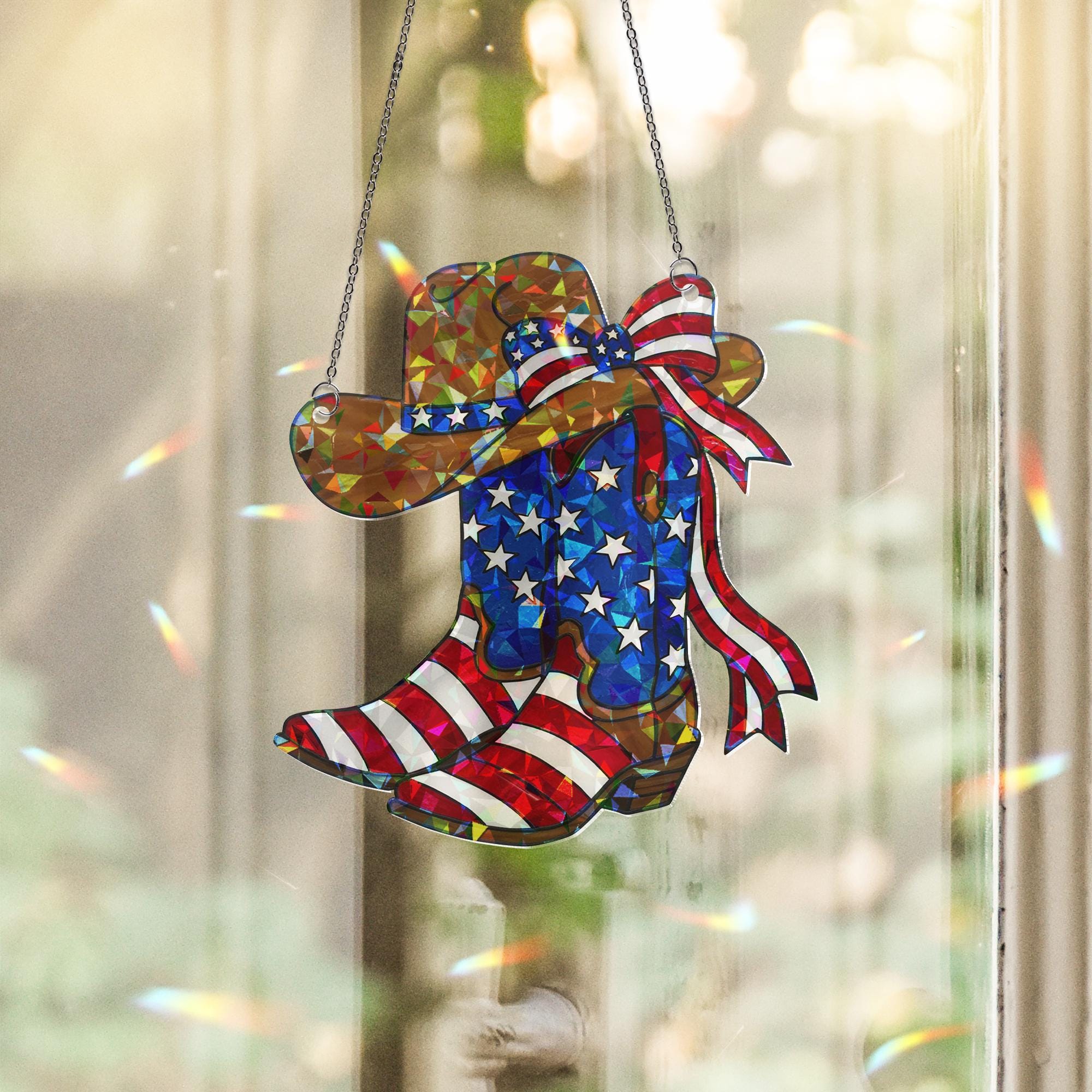Patriotic Cowboy Boots and Hat Acrylic Window Hanging – 4th of July Western Decor, American Flag Suncatcher for Country Home