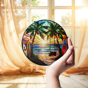 Tropical Sunset Glass Suncatcher with Palm Trees and Surfboards – Vibrant Summer Beach Decor for Window or Sunroom