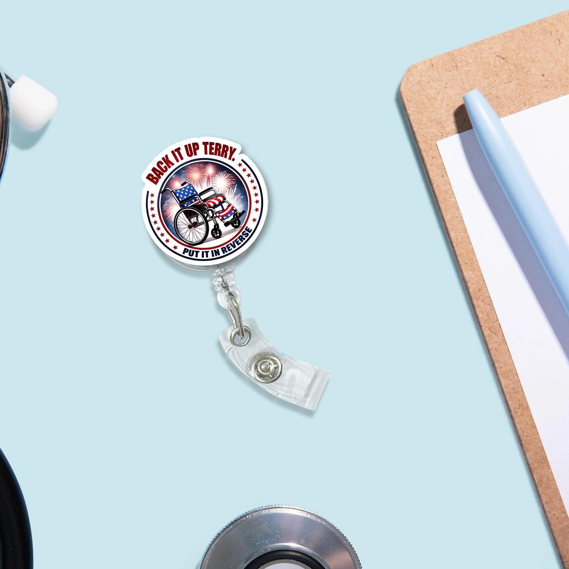 Funny 4th of July Badge Reel – "Back It Up Terry" Patriotic Wheelchair Clip, Fireworks Retractable ID Holder for Nurses & Staff