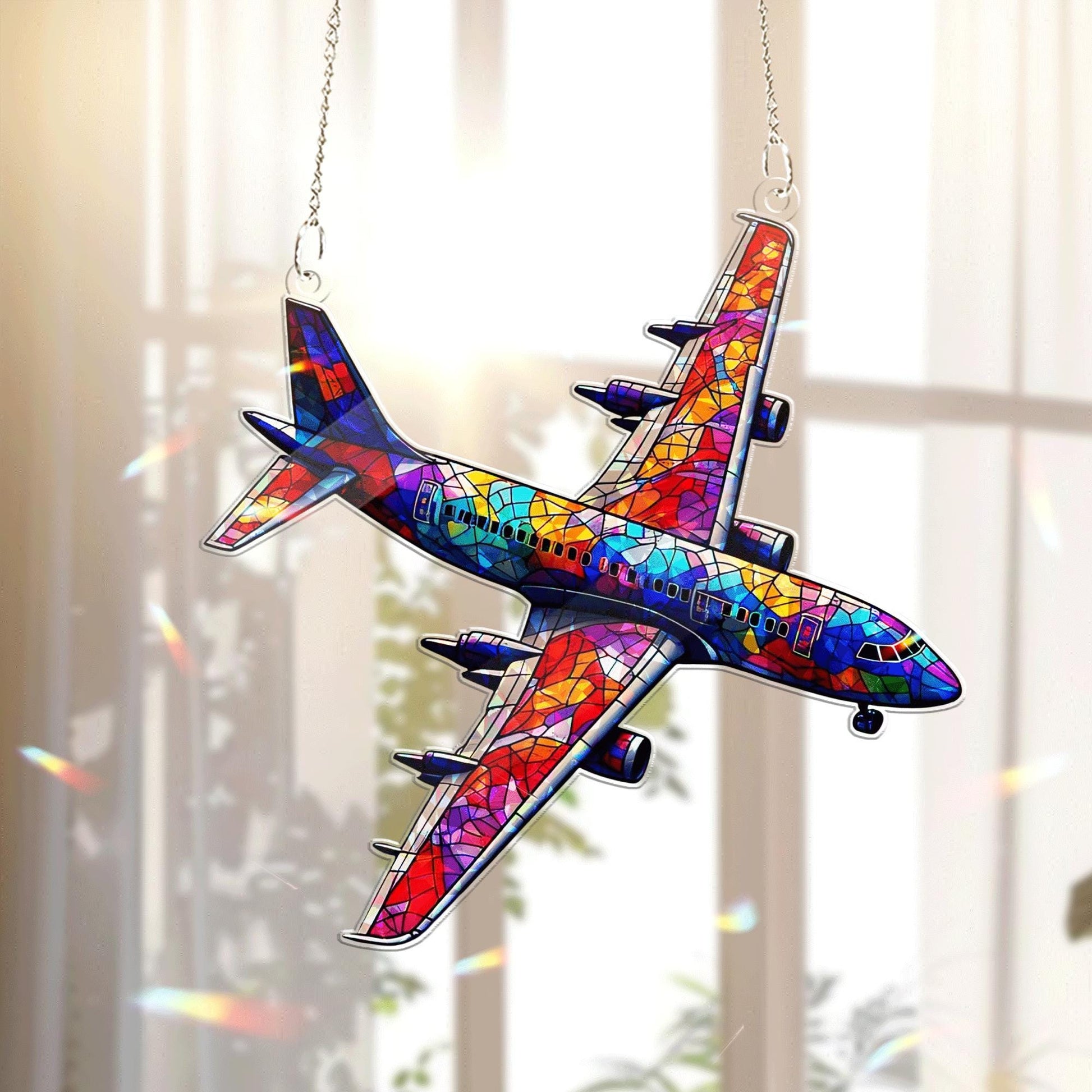 Colorful Airplane Acrylic Window Hanging – Stained Glass Style Aviation Decor, Pilot Gift, Travel Lover Home Decoration