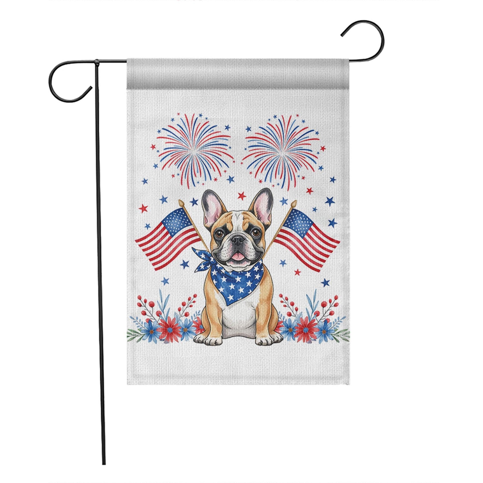 4th of July Garden Flag with French Bulldog – Patriotic Dog Decor, Outdoor Yard Flag with American Flags & Fireworks for Independence Day