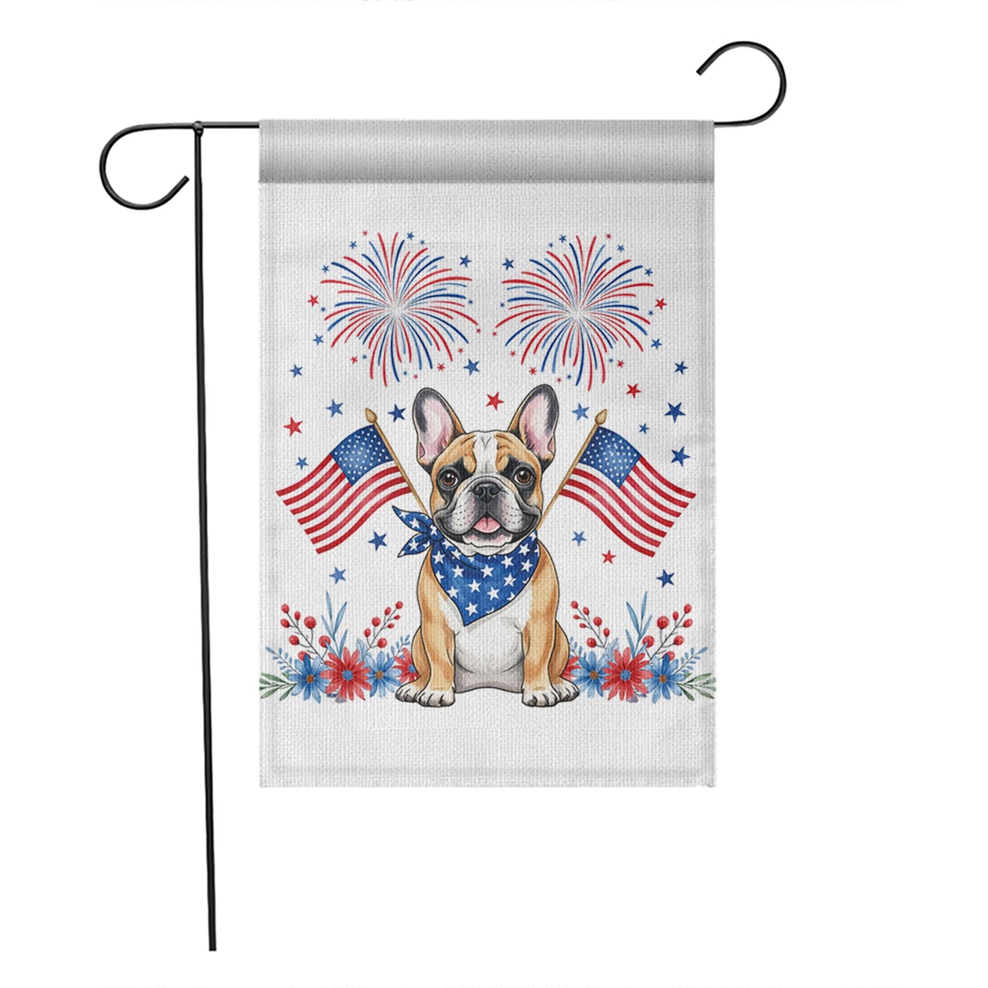 4th of July Garden Flag with French Bulldog – Patriotic Dog Decor, Outdoor Yard Flag with American Flags & Fireworks for Independence Day