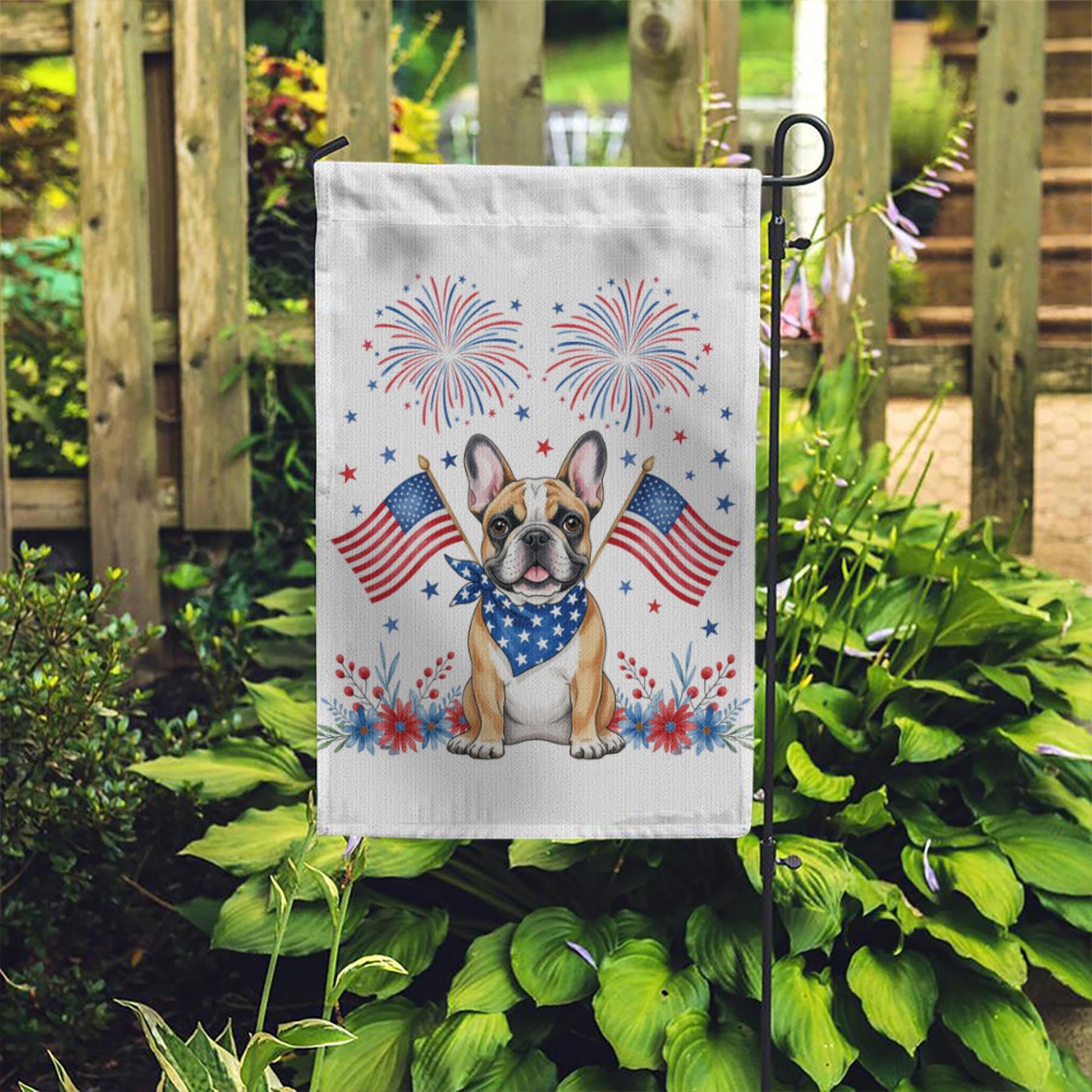 4th of July Garden Flag with French Bulldog – Patriotic Dog Decor, Outdoor Yard Flag with American Flags & Fireworks for Independence Day