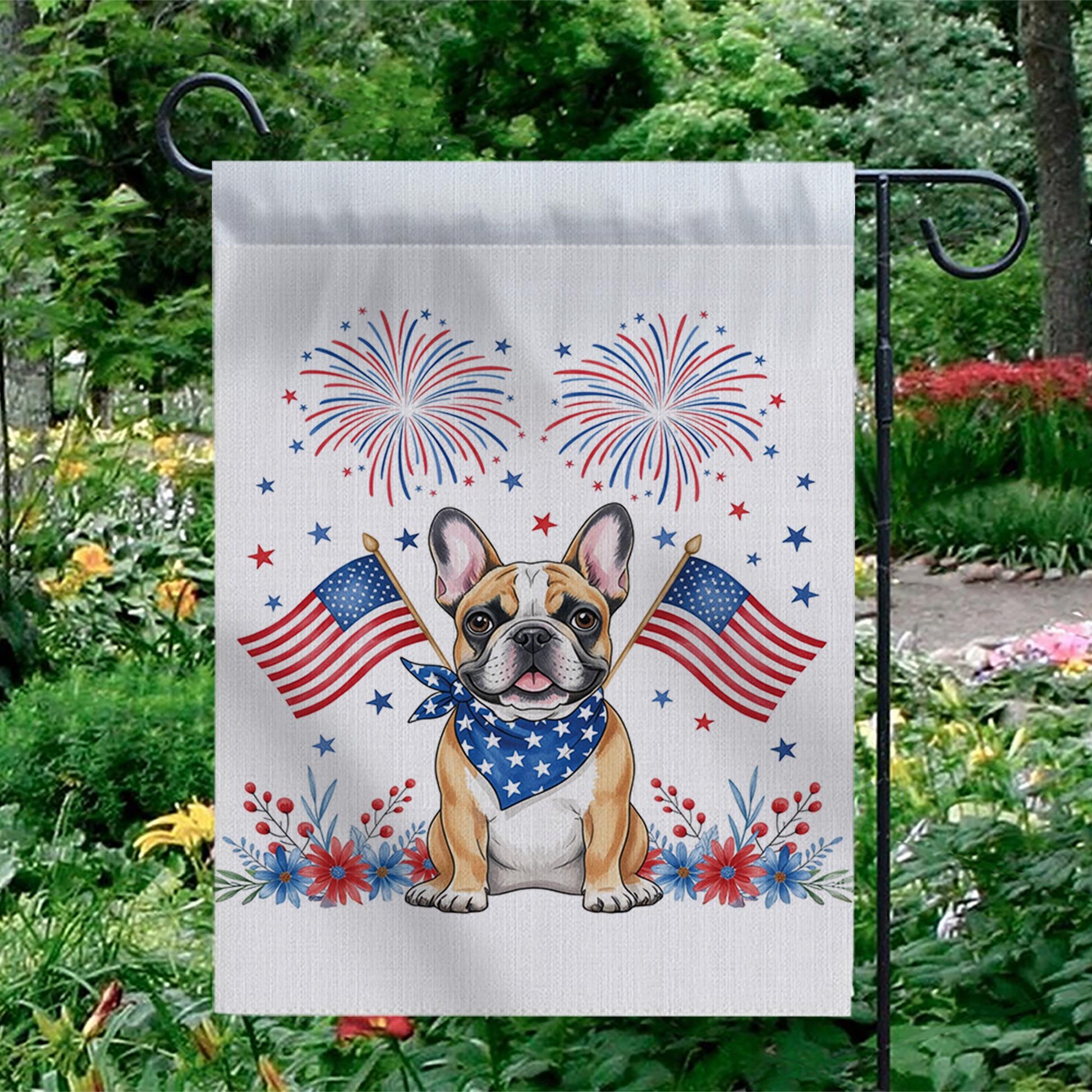 4th of July Garden Flag with French Bulldog – Patriotic Dog Decor, Outdoor Yard Flag with American Flags & Fireworks for Independence Day