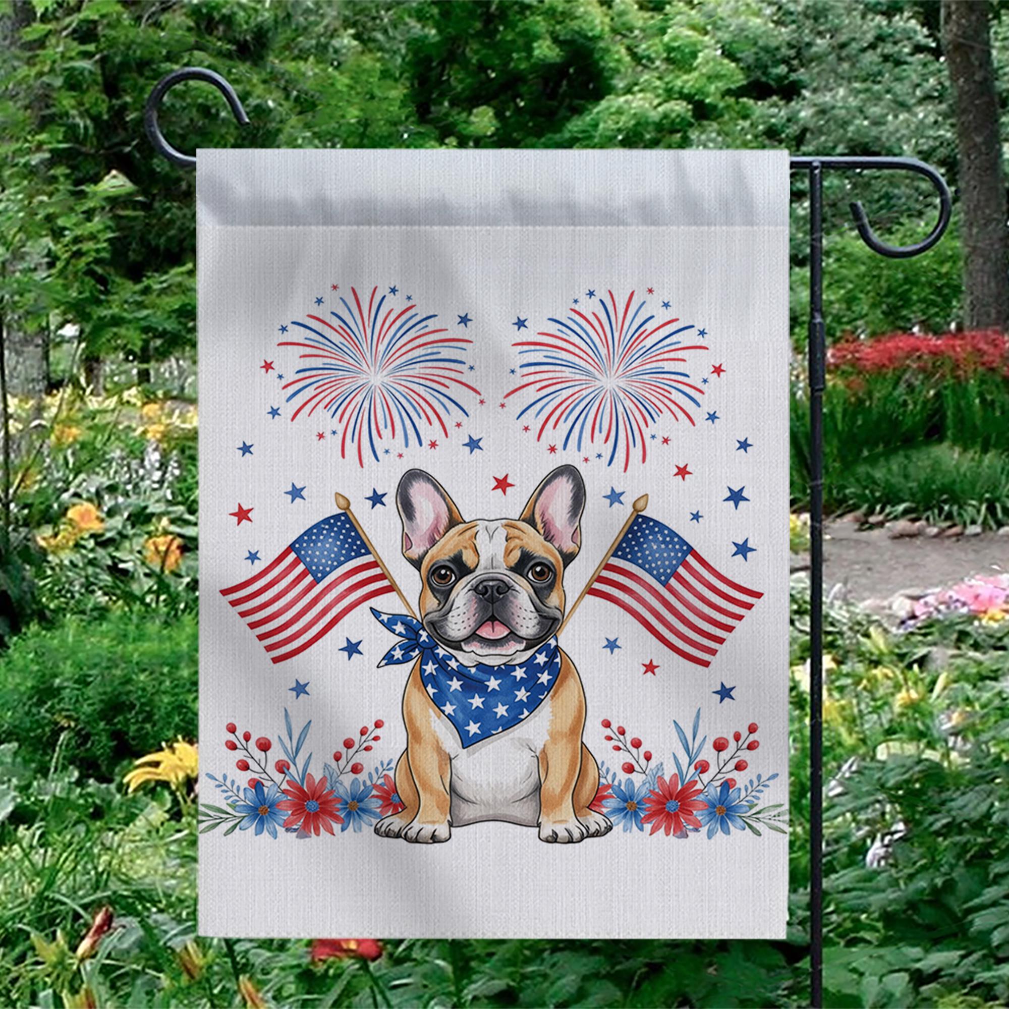 4th of July Garden Flag with French Bulldog – Patriotic Dog Decor, Outdoor Yard Flag with American Flags & Fireworks for Independence Day