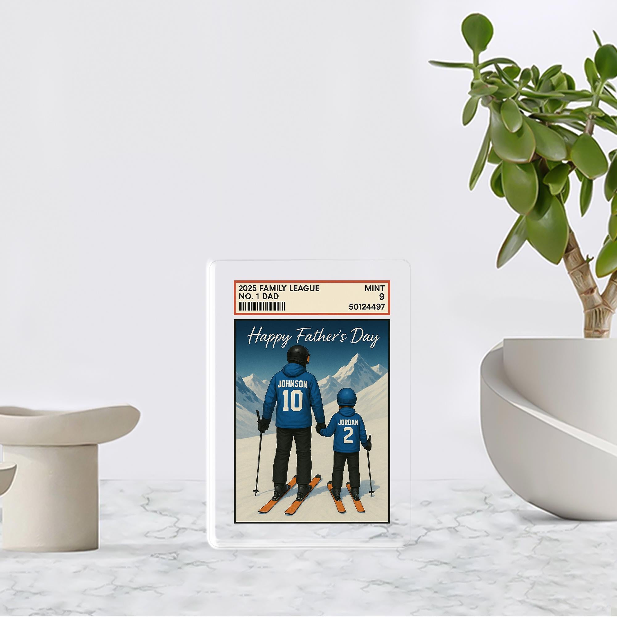 Custom Skiing Dad Acrylic Block | Personalized Father’s Day Gift from Kids | Winter Sports Family Keepsake | Snowy Mountain Plaque