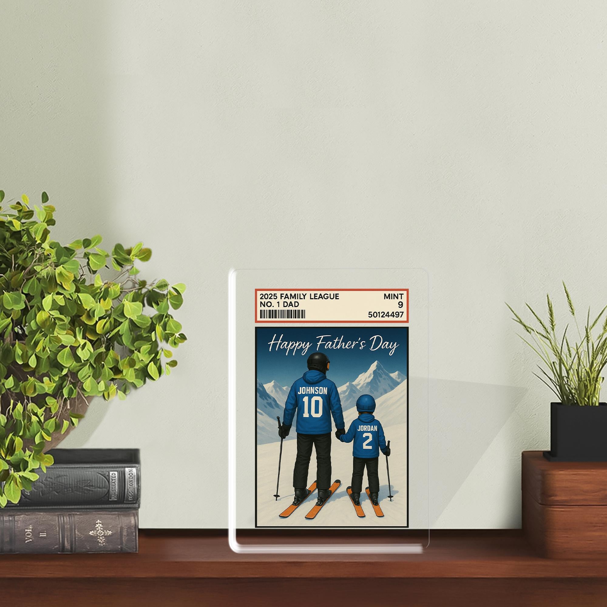 Custom Skiing Dad Acrylic Block | Personalized Father’s Day Gift from Kids | Winter Sports Family Keepsake | Snowy Mountain Plaque