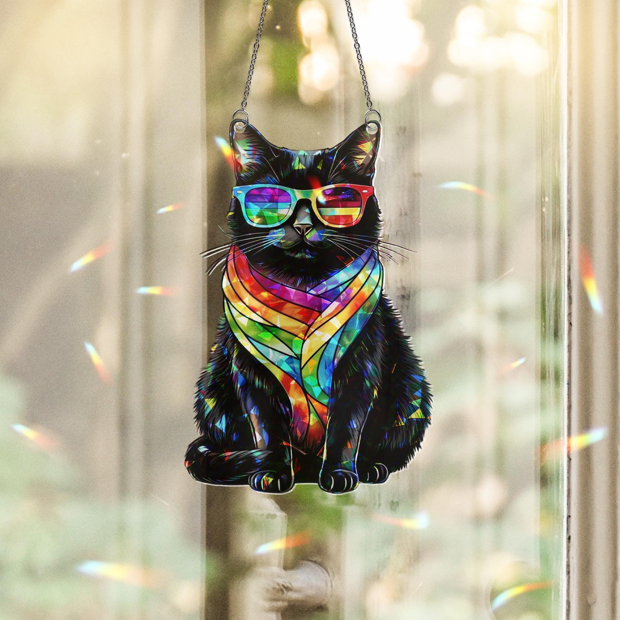 Ally Cat Rainbow Suncatcher | Holographic Acrylic Pride Cat Window Decor | LGBTQ+ Cute Kitty Gift | Queer Cat Lover Room Art