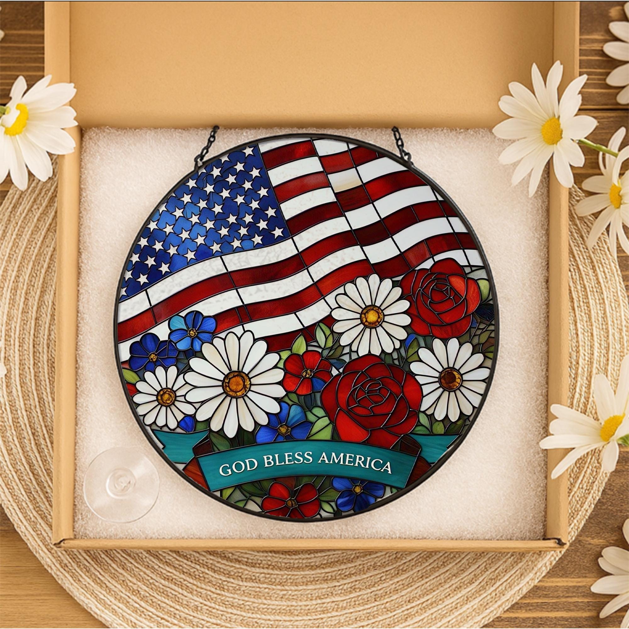 God Bless America Glass Suncatcher | Patriotic Window Hanging | Fourth of July Sun Catcher | Red White Blue Home Decor | USA Flag Gift