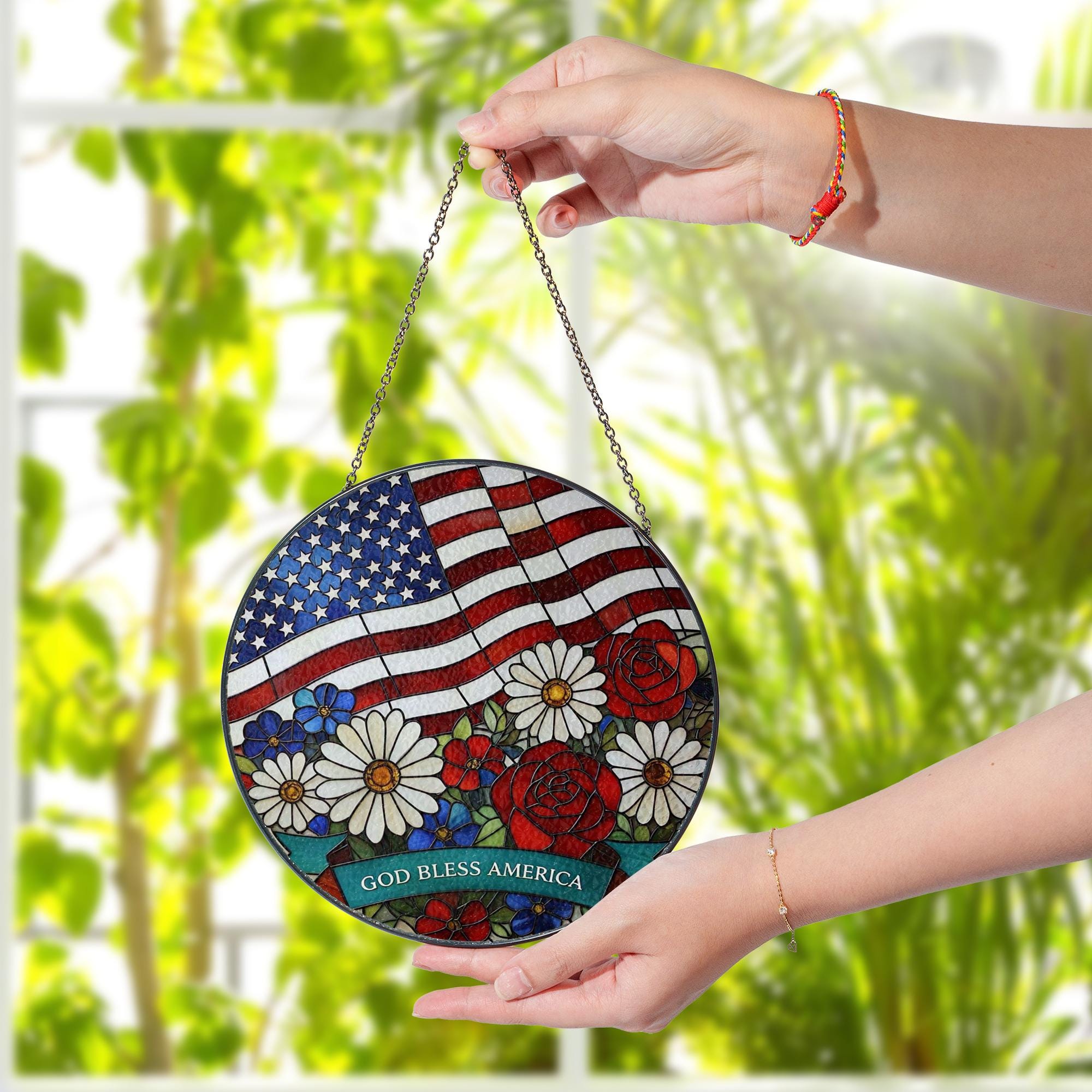 God Bless America Glass Suncatcher | Patriotic Window Hanging | Fourth of July Sun Catcher | Red White Blue Home Decor | USA Flag Gift