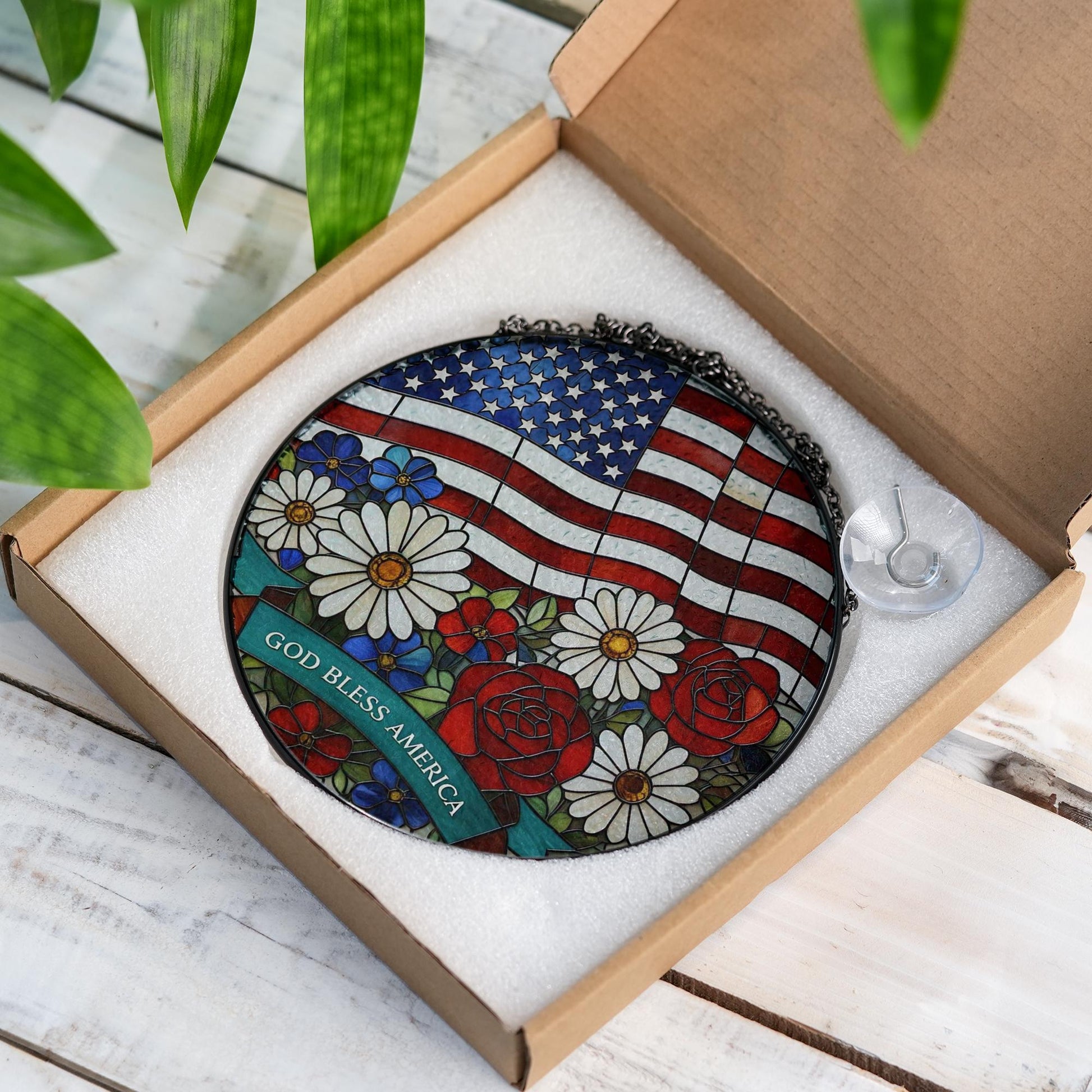 God Bless America Glass Suncatcher | Patriotic Window Hanging | Fourth of July Sun Catcher | Red White Blue Home Decor | USA Flag Gift