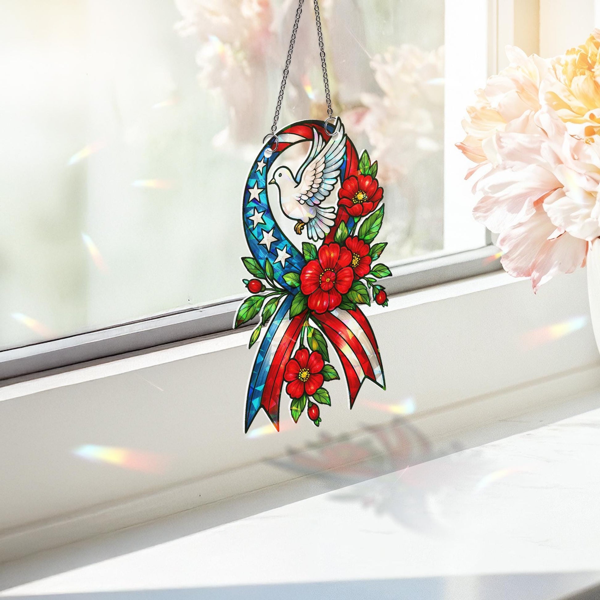 Patriotic Ribbon Dove Hologram Acrylic Window Hanging | Memorial Day Decor | USA Flag Holographic Sun Catcher | 4th of July Gift