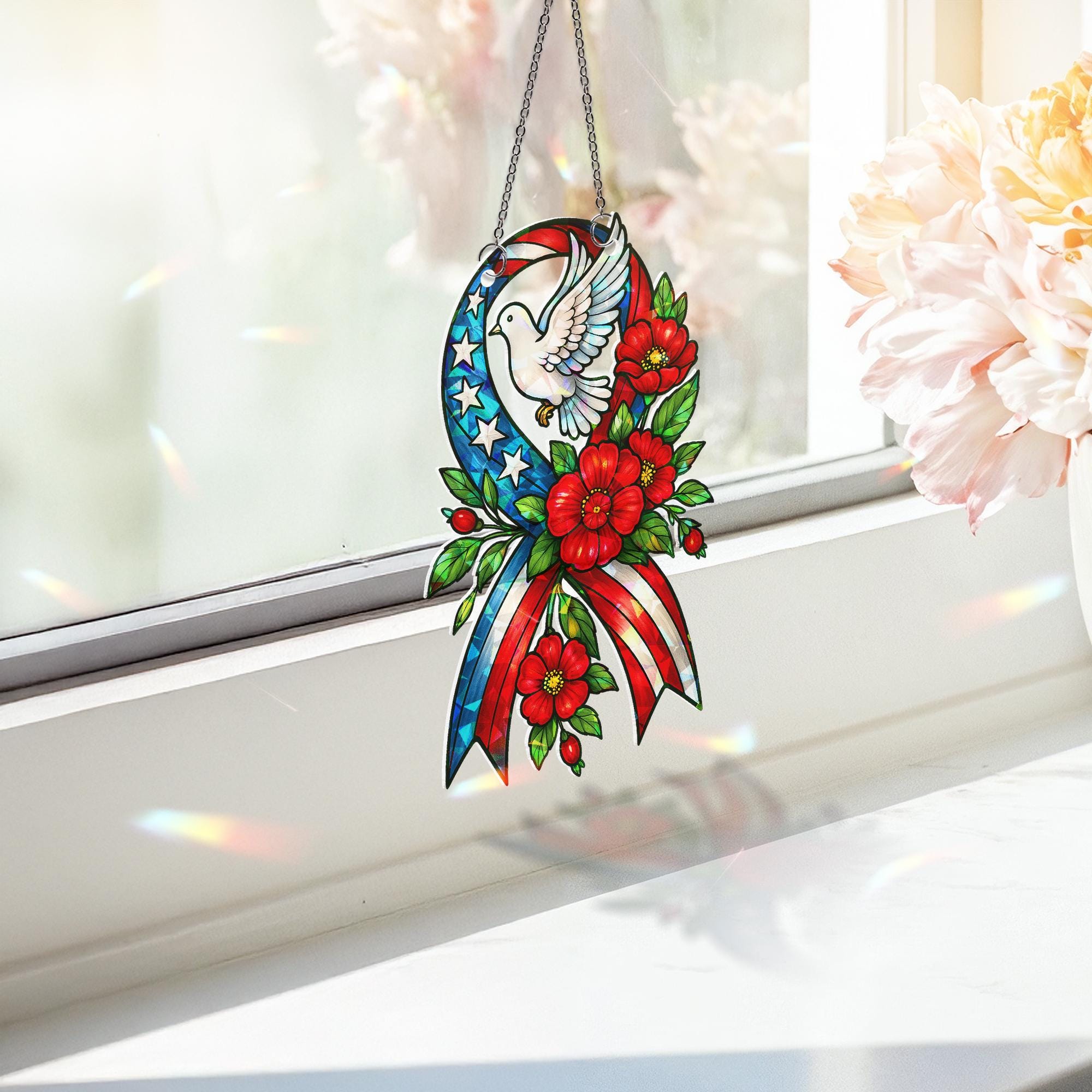 Patriotic Ribbon Dove Hologram Acrylic Window Hanging | Memorial Day Decor | USA Flag Holographic Sun Catcher | 4th of July Gift