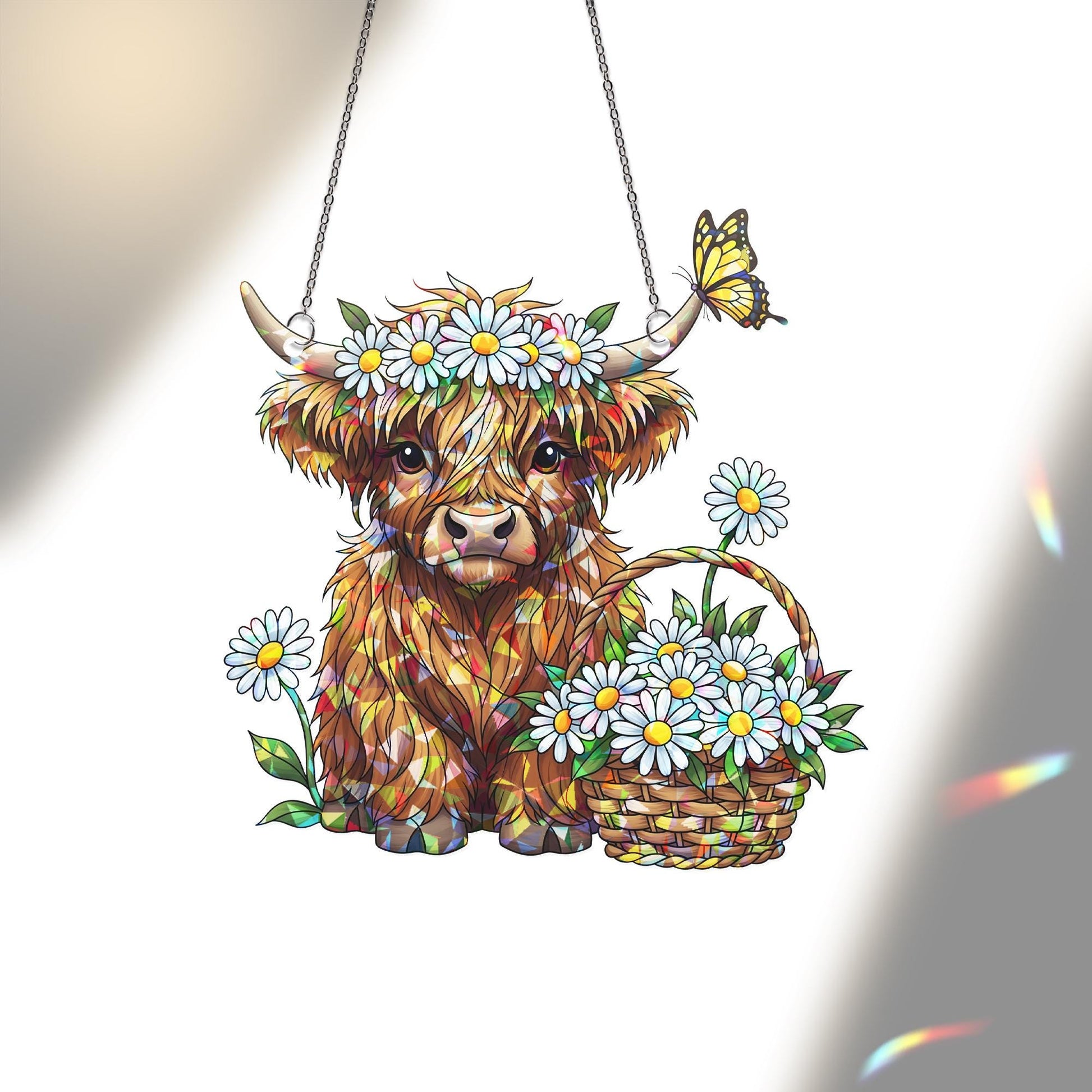 Highland Cow Daisy Hologram Acrylic Window Hanging | Floral Farmhouse Cow Suncatcher | Cute Spring Window Decor Gift