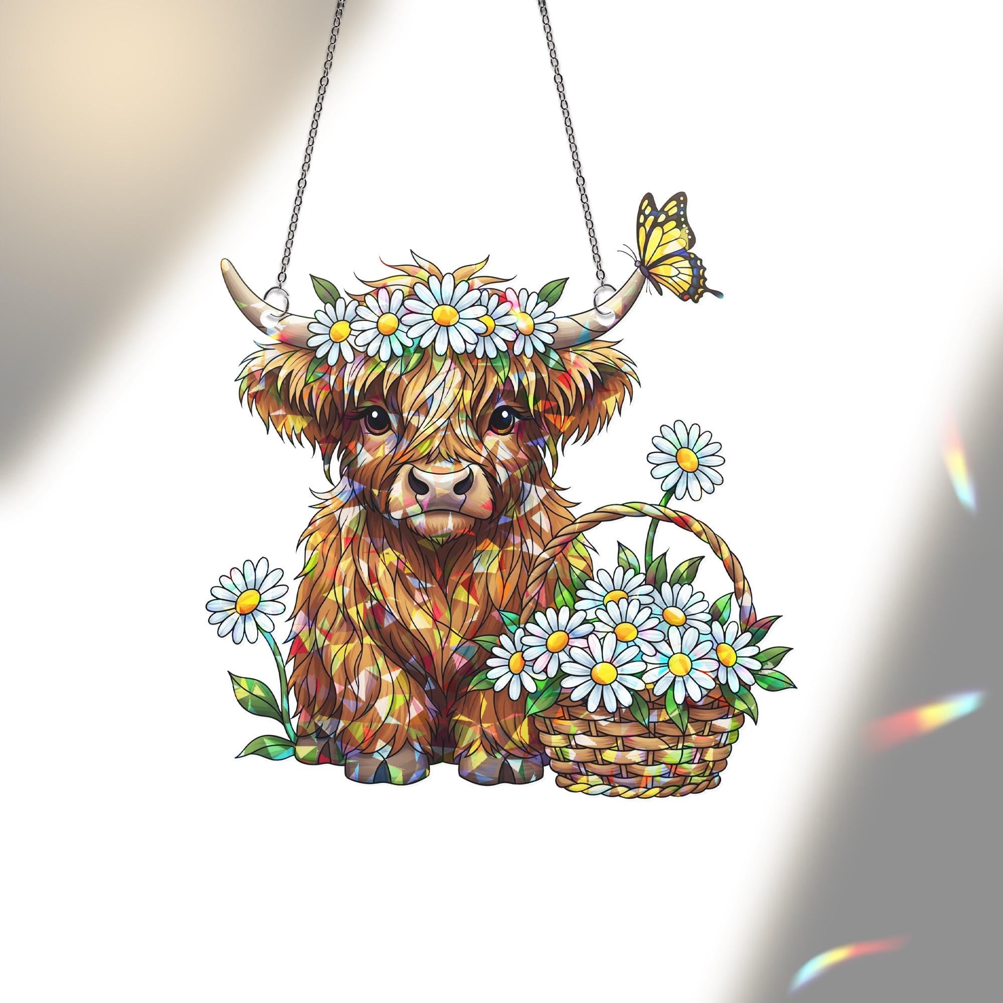 Highland Cow Daisy Hologram Acrylic Window Hanging | Floral Farmhouse Cow Suncatcher | Cute Spring Window Decor Gift