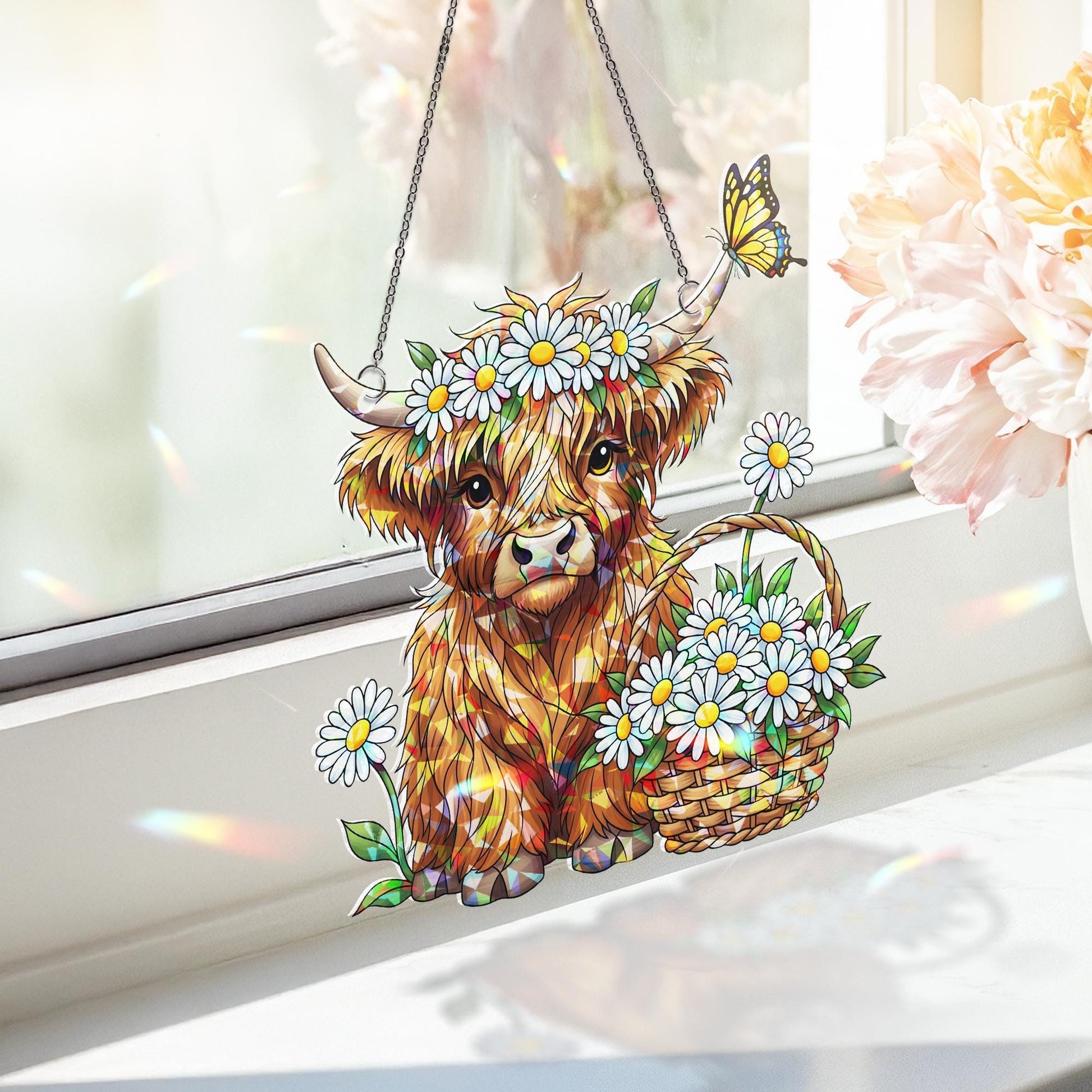Highland Cow Daisy Hologram Acrylic Window Hanging | Floral Farmhouse Cow Suncatcher | Cute Spring Window Decor Gift
