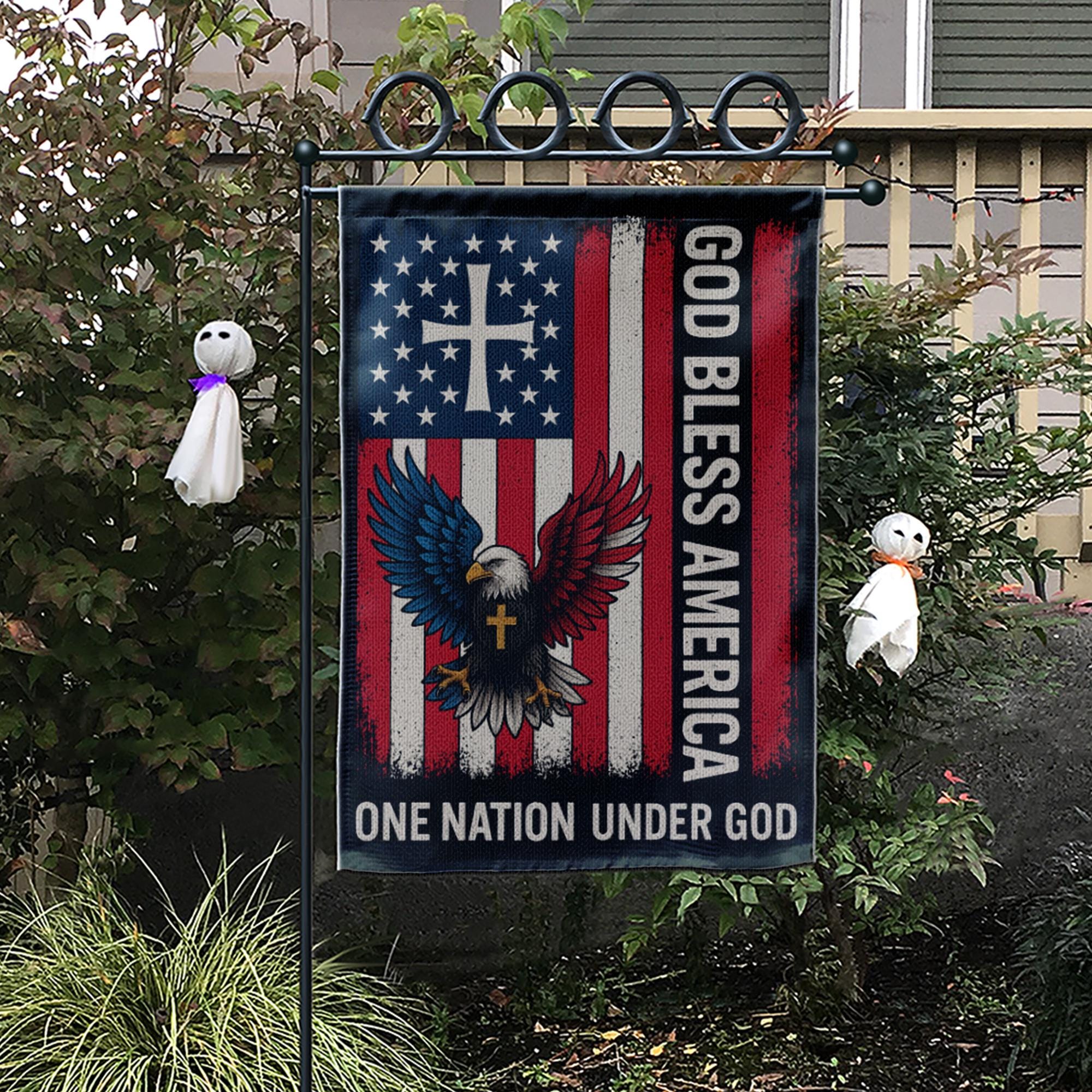 God Bless America Patriotic Garden Flag | Christian Outdoor Flag with Cross & Eagle | One Nation Under God Yard Decor