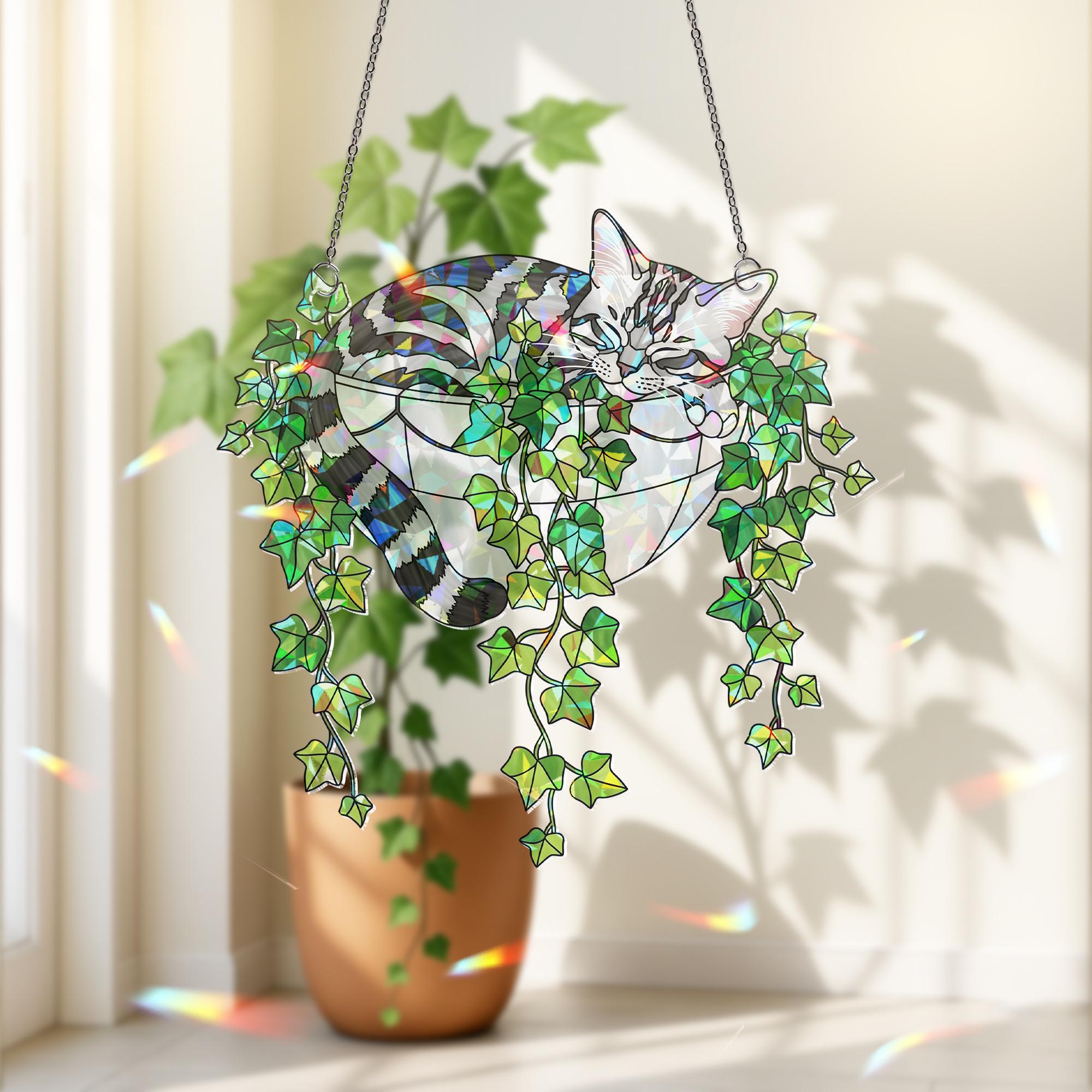 American Shorthair Cat Sleeping on Ivy Hologram ACRYLIC Window Hanging, Plant Lover Gift, Ivy Plants Decor, Cat Decor, Gift For Mom, Cat Mom