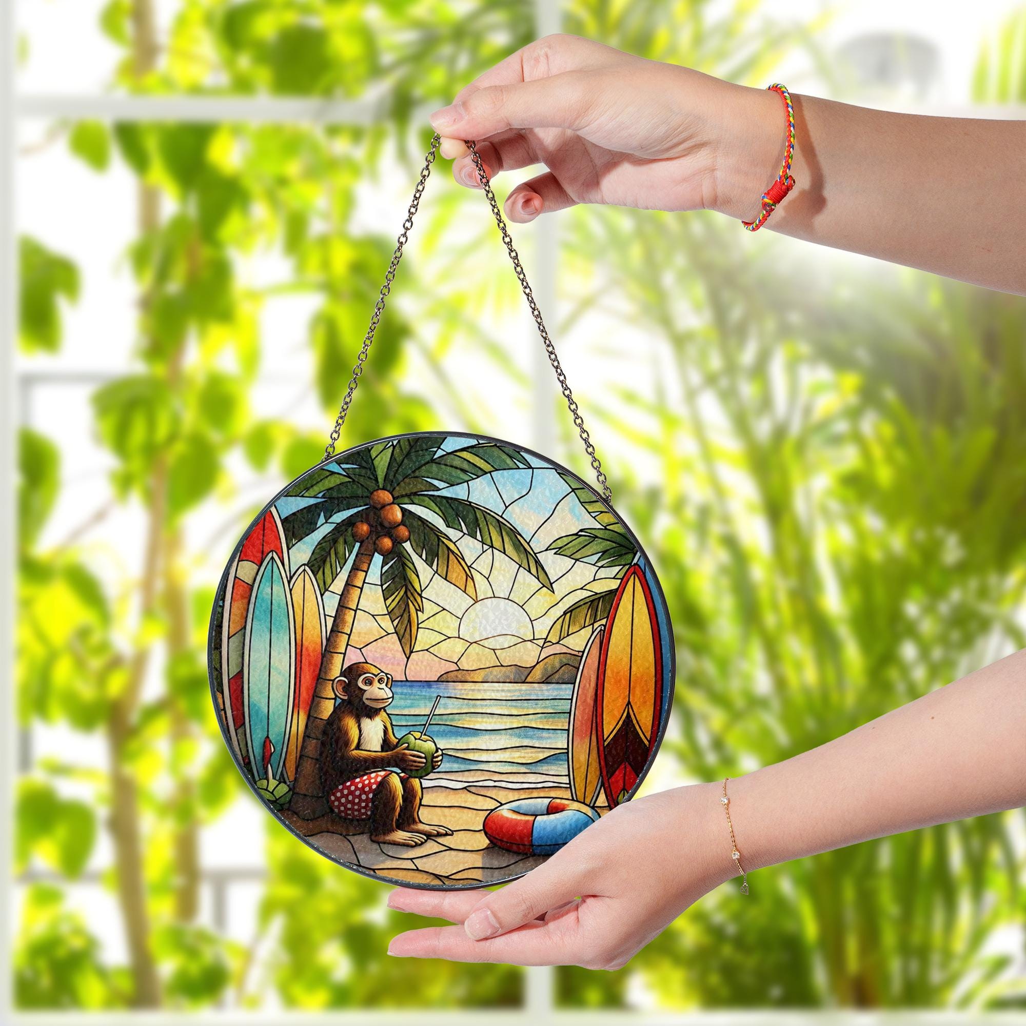 Tropical Beach Monkey Glass Suncatcher | Surfboard Sunset Window Hanging | Fun Animal Ocean Decor for Summer Vibes